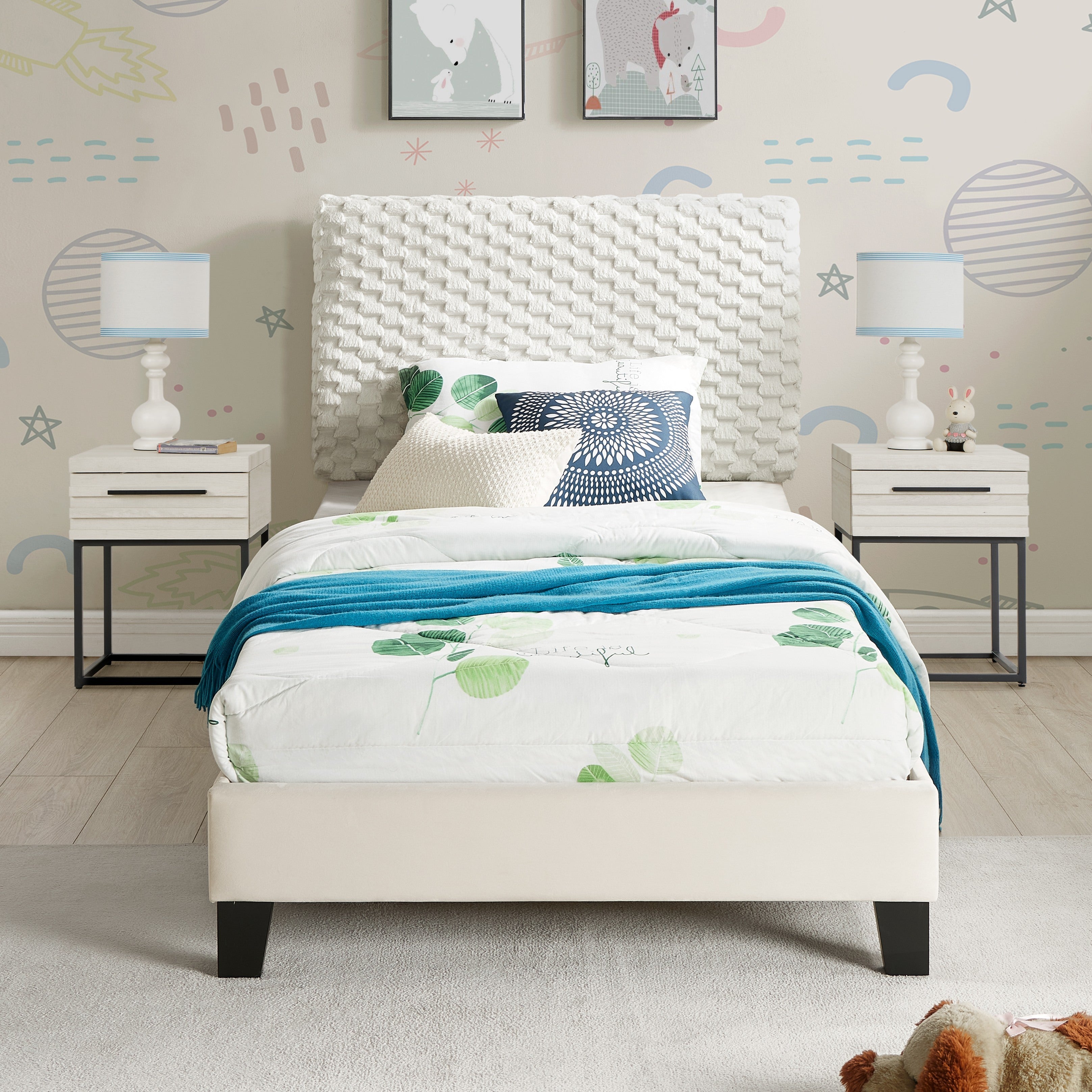 Roundhill Furniture Findlay 3-Piece Bedroom Set - Queen Size Upholstered Platform Bed with 2 Nightstands, Soft 3D Fabric Headboard, Modern Bedroom Furniture for Master Bedroom or Guest Room