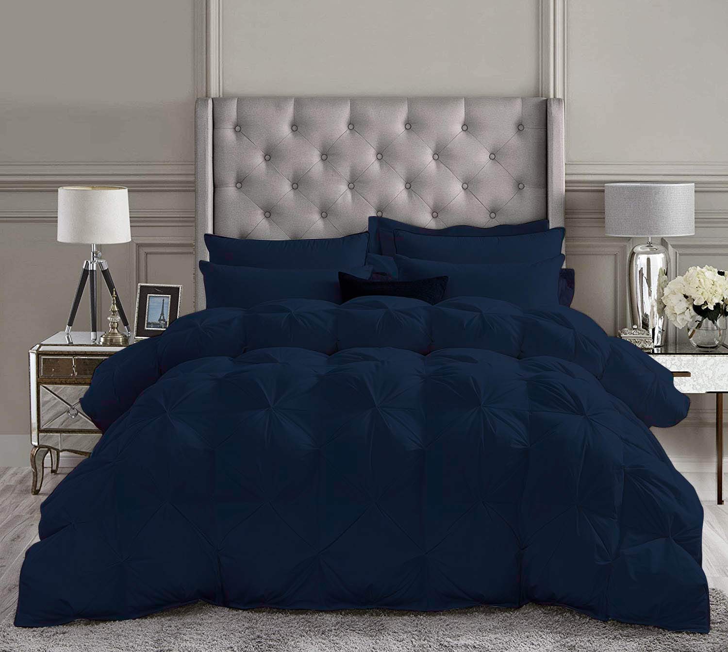 Luxury 500 GSM Navy Blue 5-Piece Pinch Pleated King Size Comforter Set - 100% Egyptian Cotton (Comforter + 4 Pillow Shams) - Ultra Soft Bedding for Master Bedroom, Guest Room & Hotel Use