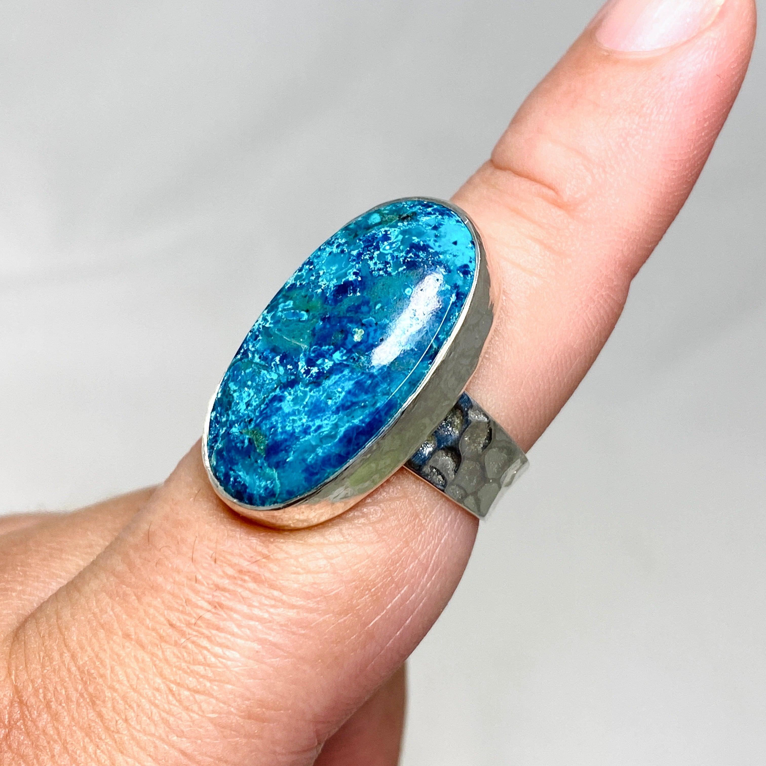 Shattuckite Oval Ring with Hammered Band - Size 8.5 KRGJ3229 | Handmade Bohemian Jewelry for Women, Spiritual Healing Crystal Gift for Meditation & Energy Work