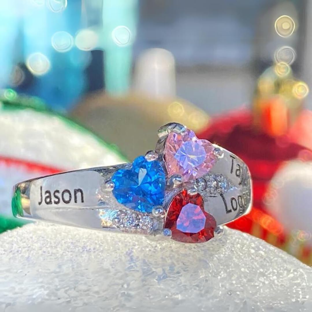 Custom Mothers Rings with 3 Birthstones & Engraved Names - Sterling Silver or 10K/14K White Gold - Personalized Jewelry Gift for Mom, Grandma, Wife - Sizes 5-12 - Perfect for Mother's Day, Birthday & Anniversary Celebrations