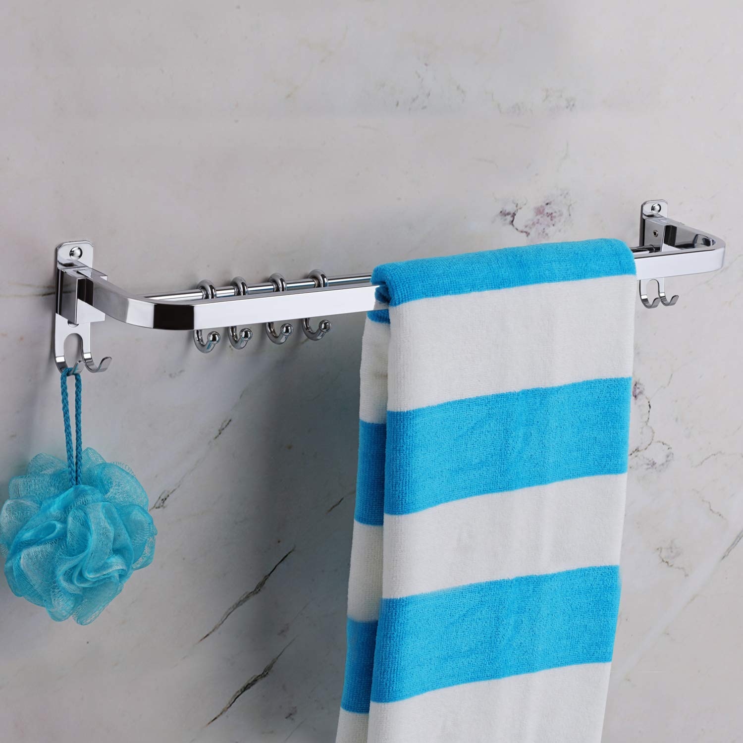 Plantex Anti Rust 304 Stainless Steel Folding Towel Rack with Hooks - 24 Inch Chrome Bathroom Towel Bar, Hanger & Stand for Shower, Spa, Kitchen & Laundry Room Organization