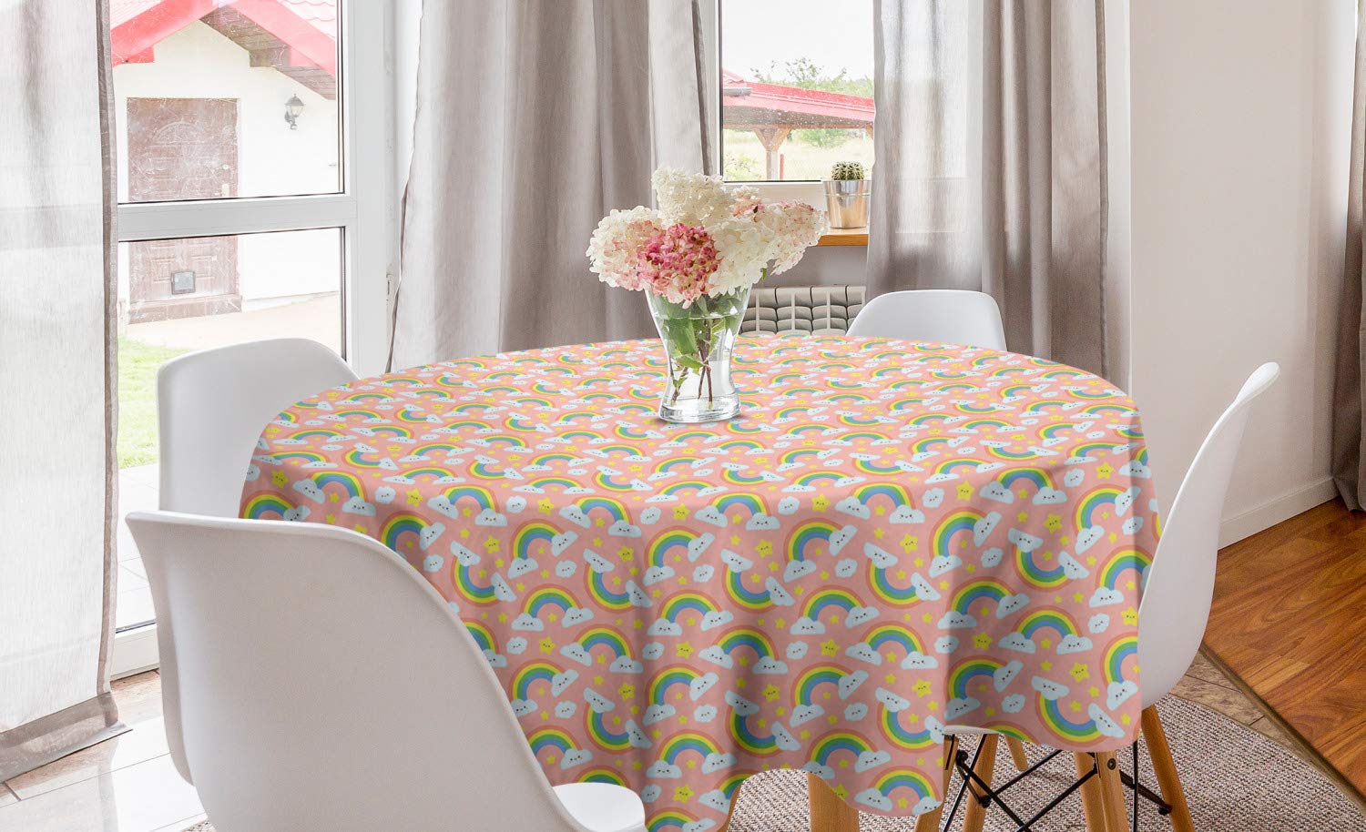 Ambesonne Cartoon Round Tablecloth - 60 Inch Rainbow Clouds & Smiling Stars Galaxy Theme, Fun & Happy Sky Design for Dining Room & Kitchen Decor in Coral Yellow Blue | Perfect for Birthday Parties, Picnics & Indoor Outdoor Events