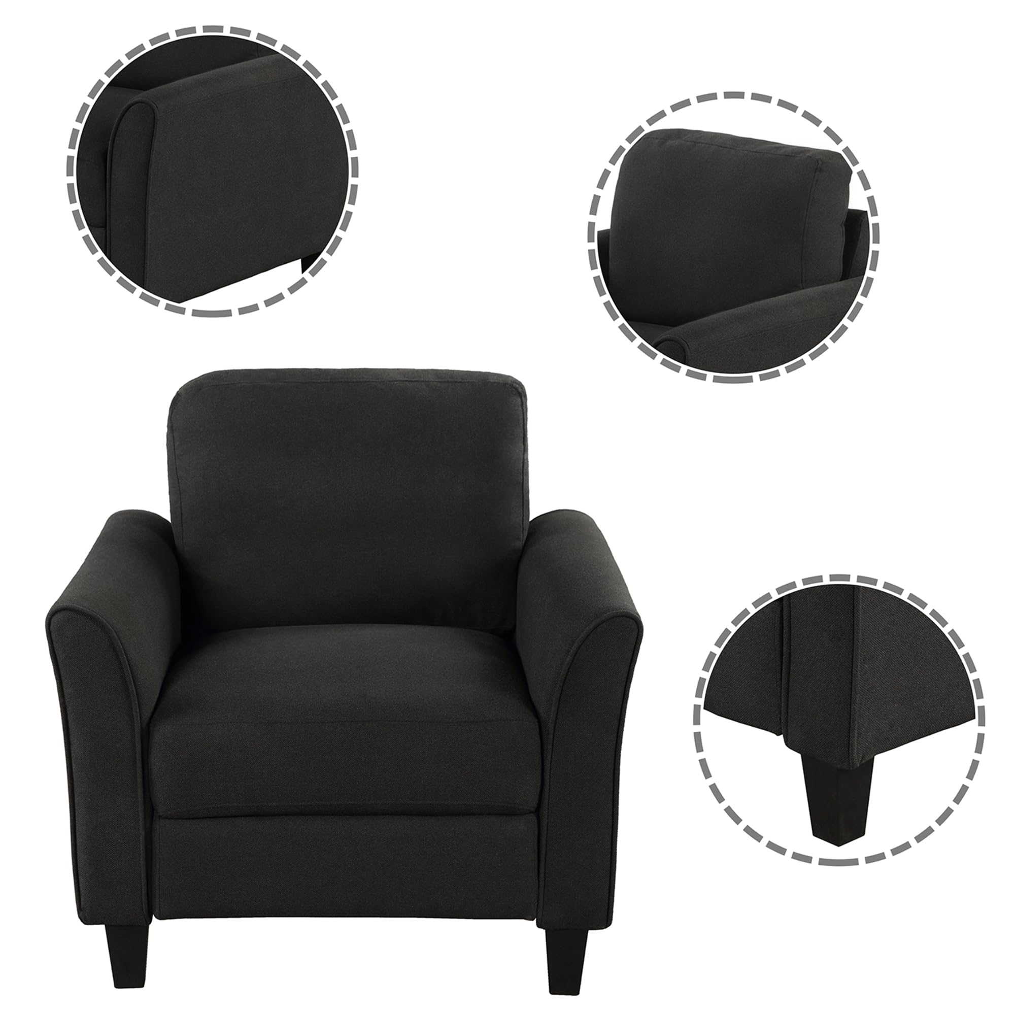 P PURLOVE Modern Upholstered Linen Fabric Living Room Sofa Set - Single Chair & 3-Seater Couch in Black | Comfortable Lounge Furniture for Living Room, Apartment, and Office Spaces