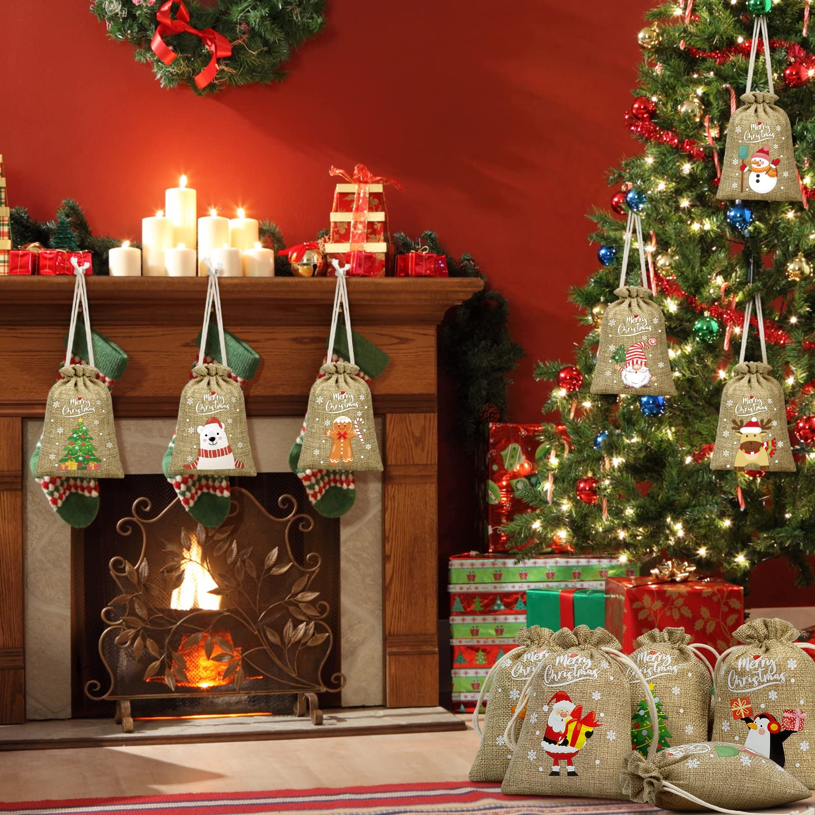 36Pcs Christmas Burlap Drawstring Gift Bags - Small Jute Xmas Candy Bags, Linen Treat Sacks for Holiday Party Favors, Reusable Gift Wrapping - Perfect for Christmas Gifts, Candy Treats, Party Favors & Holiday Decorations