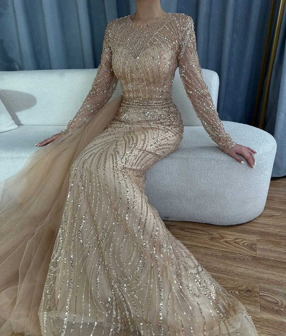 Luxury Dubai Caramel Beaded Mermaid Evening Gown with Overskirt - Arabic Formal Dress for Women - Elegant Long Prom Gown for Weddings, Galas & Special Occasions - LA71673A