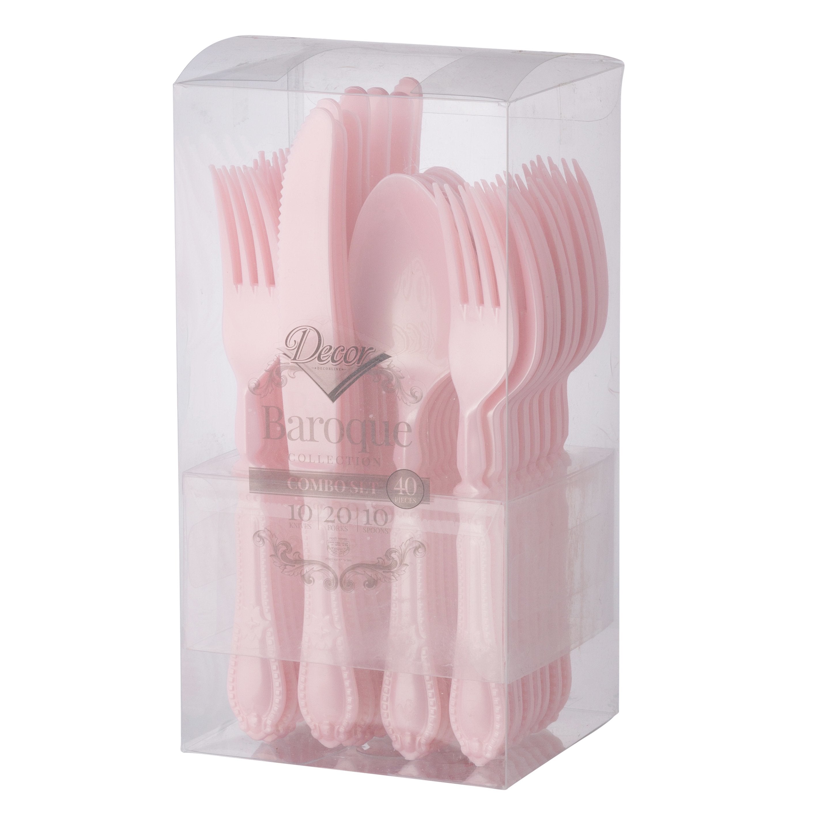 40-Piece Disposable Pink Plastic Silverware Set - Heavyweight Cutlery (10 Place Settings) | Elegant Baroque Design for Weddings, Parties & Catering Events