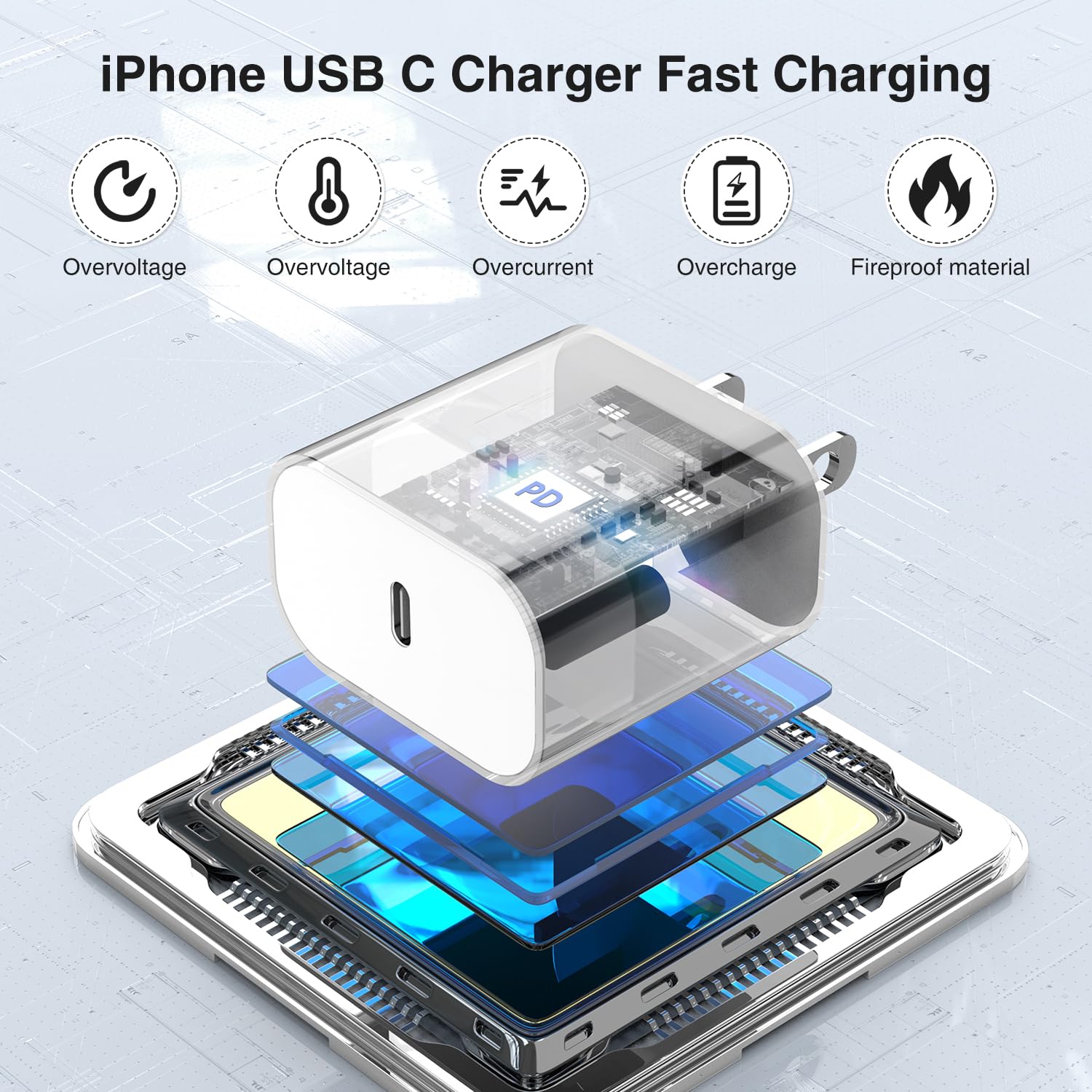3-Pack MFi Certified iPhone Fast Charger Set - 20W USB C Wall Charger & 6ft USB-C to Lightning Cable - Compatible with iPhone 14/13/12/11 Pro Max & iPad - Perfect for Home, Office & Travel Charging