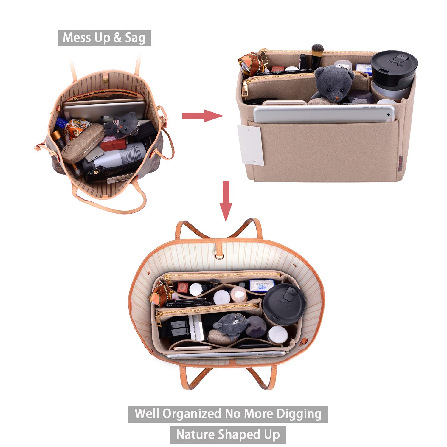 ZTUJO Felt Purse Organizer Insert for Louis Vuitton Speedy, Neverfull, Graceful & Tote Bags - Handbag Shaper & Storage Solution for Travel, Work & Daily Use