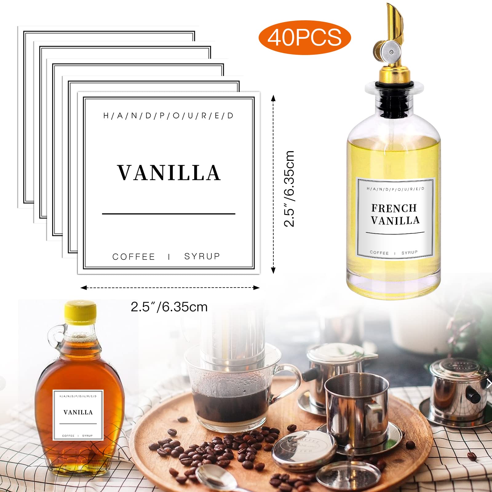 40PCS Waterproof Coffee Syrup Labels for Coffee Bar & Station - Durable Dispenser Bottle Labels for Home, Cafe & Office Use