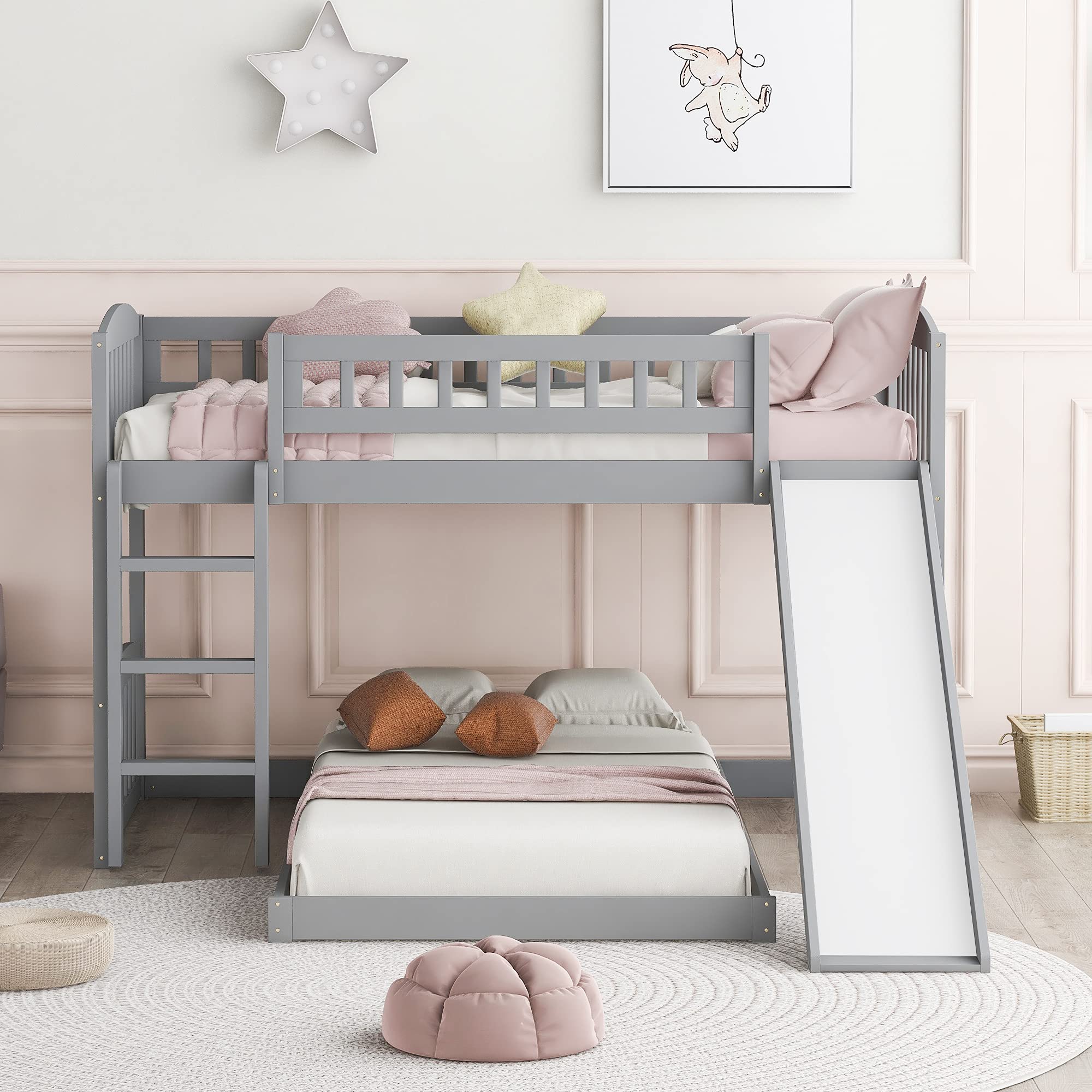 Knocbel Twin Size Loft Bed with Floor Platform - Sturdy Wooden Bunk Bed Frame with Guardrails, Reversible Slide & Ladder - 77.4