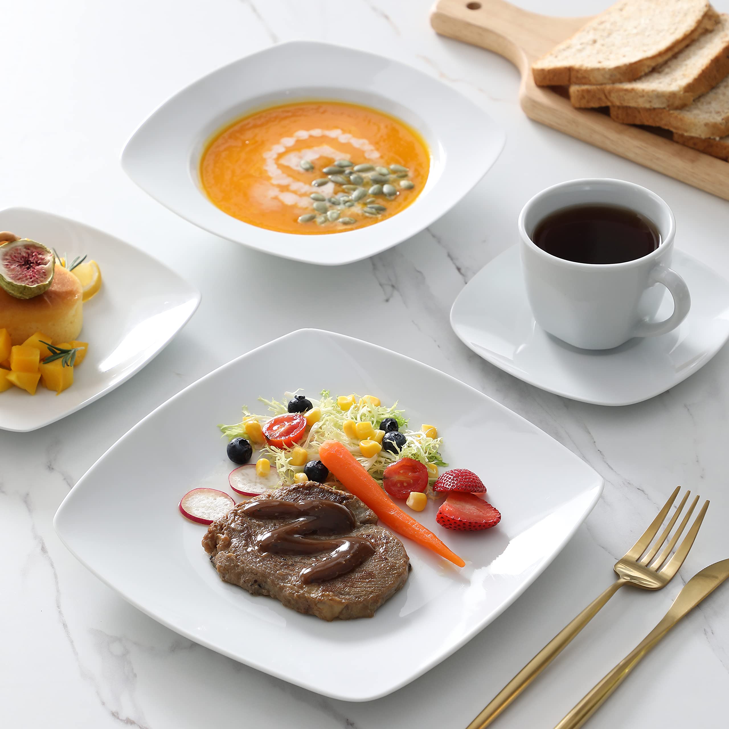 MALACASA 60-Piece Porcelain Dinnerware Set for 12 - Square Plates, Bowls, Cups & Saucers in Modern Gray White | Julia Series | Perfect for Family Dinners, Restaurants & Entertaining Guests