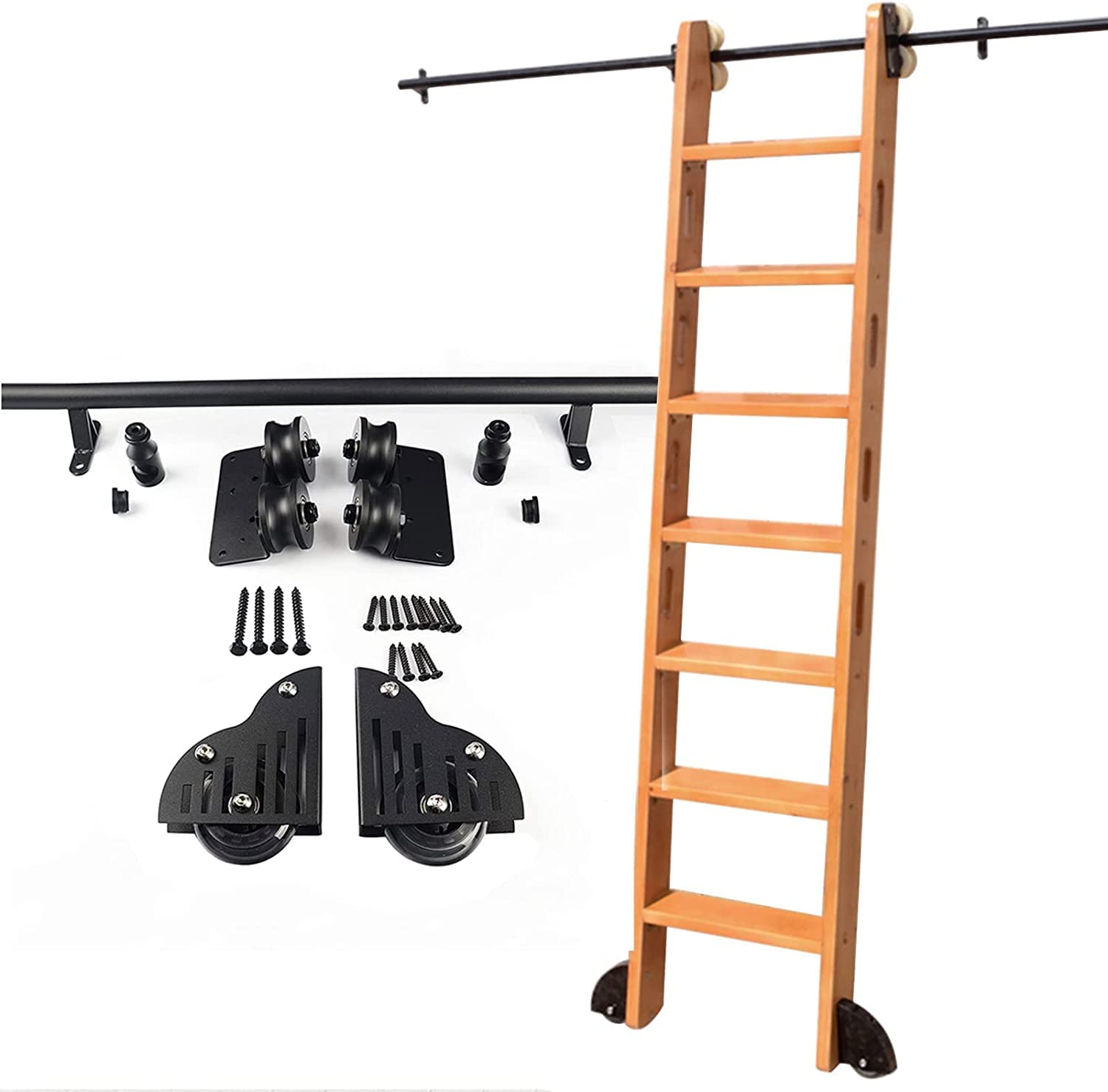 Sliding Barn Door Hardware Kit with Rolling Ladder Track - Complete 3.3ft to 20ft Library Ladder System with Floor Roller & Wheels - Perfect for Home Libraries, Lofts, and Rustic Interior Design