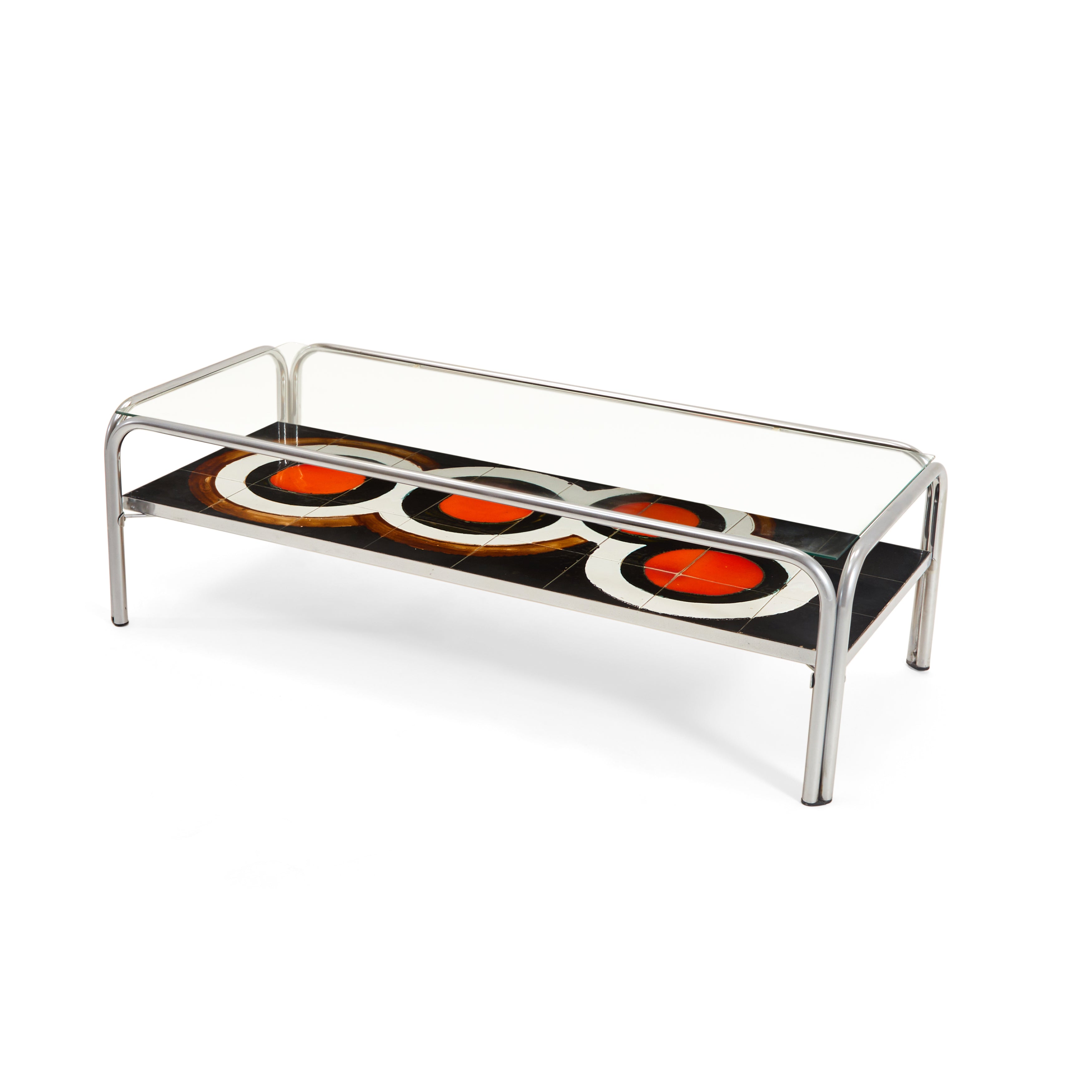 Modern Black & Orange Tile Glass Top Chrome Frame Coffee Table - Stylish Living Room Furniture for Home Decor & Entertaining
