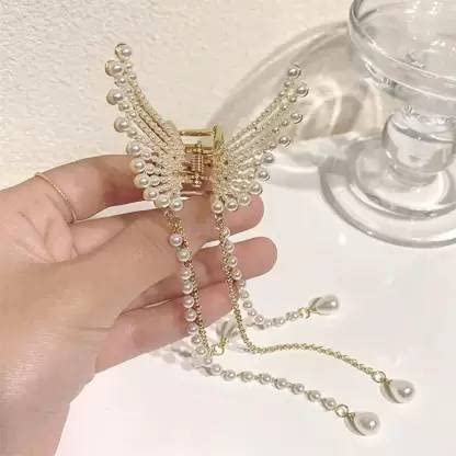 Elegant Pearl Tassel Butterfly Metal Hair Claw Clip - Korean Style Hair Accessories for Women & Girls - Perfect for Weddings, Parties and Everyday Fashion