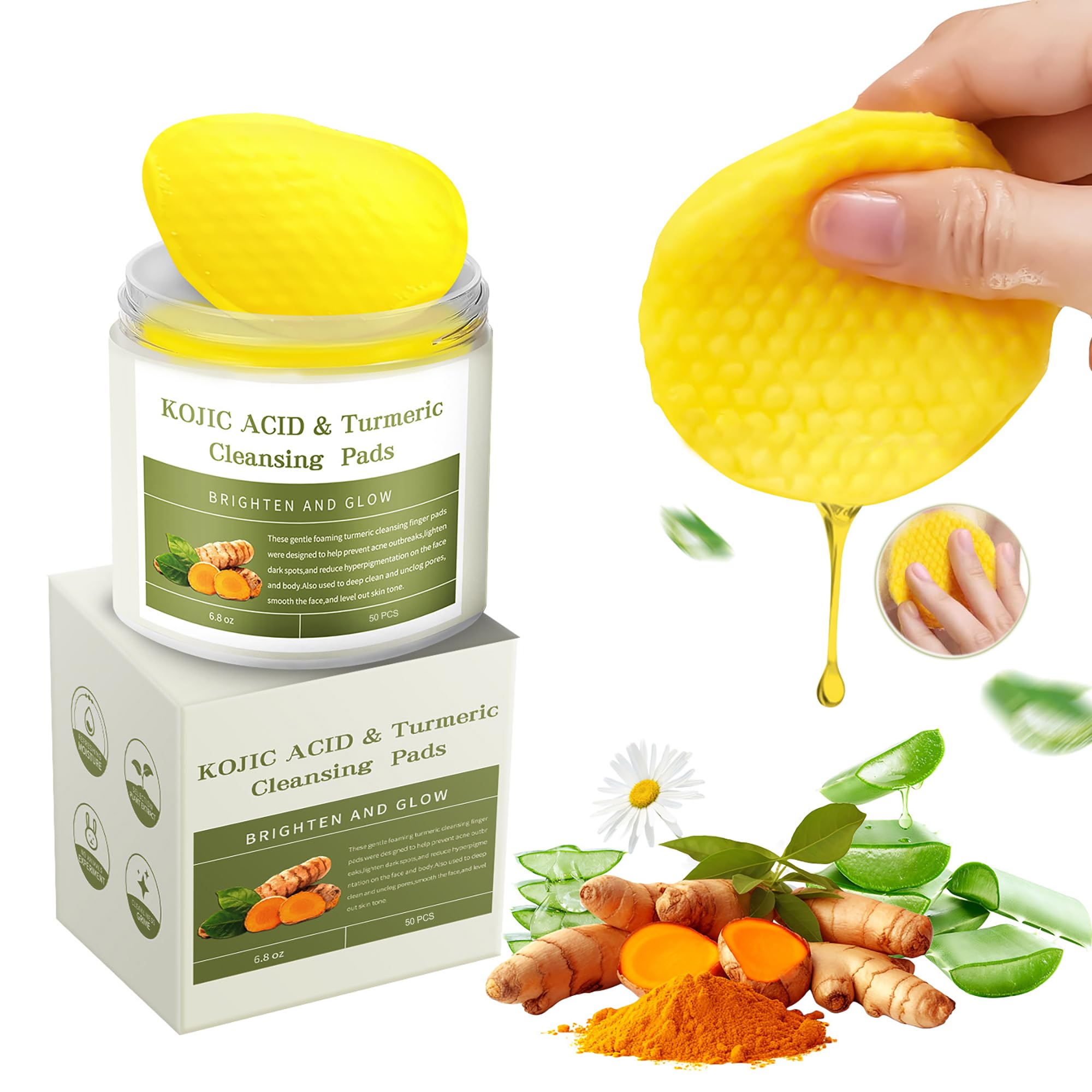 Kojic Acid & Turmeric Cleansing Pads - 50 Count Exfoliating Face Pads for Brightening Skin, Oil Control & Pore Refinement - Gentle Facial Exfoliator for Acne-Prone & Dull Skin - Perfect for Daily Skincare Routine & Travel