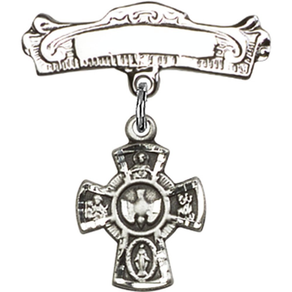Sterling Silver Baby Badge with 5-Way Charm & Arched Polished Pin - Perfect for Christenings, Baby Showers & Keepsake Gifts