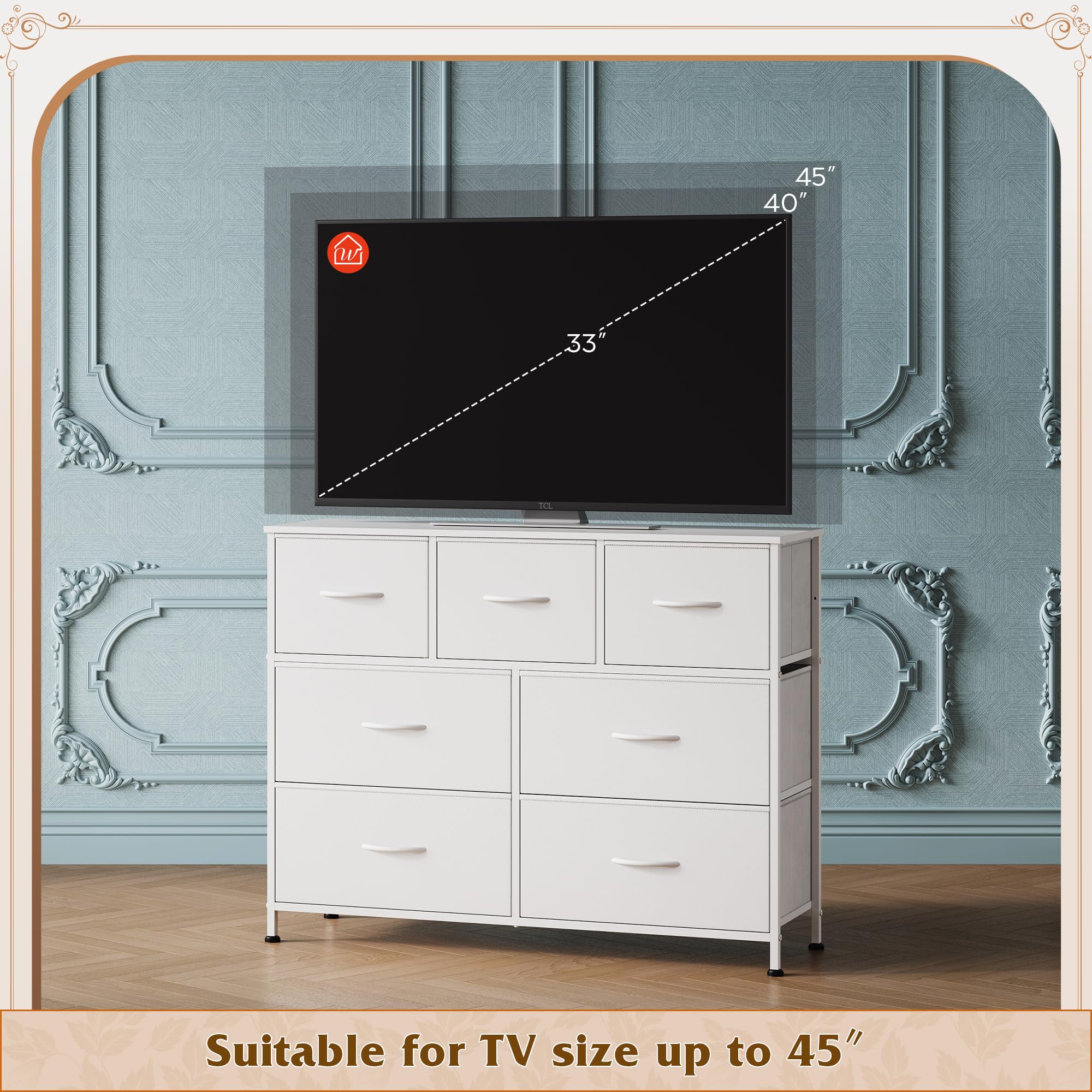 WLIVE 7-Drawer Dresser TV Stand - White Fabric Storage Tower with Sturdy Steel Frame & Wood Top - Easy Pull Handle for Bedroom, Hallway, Entryway & Closet Organization - Perfect for Small Spaces & Apartment Living