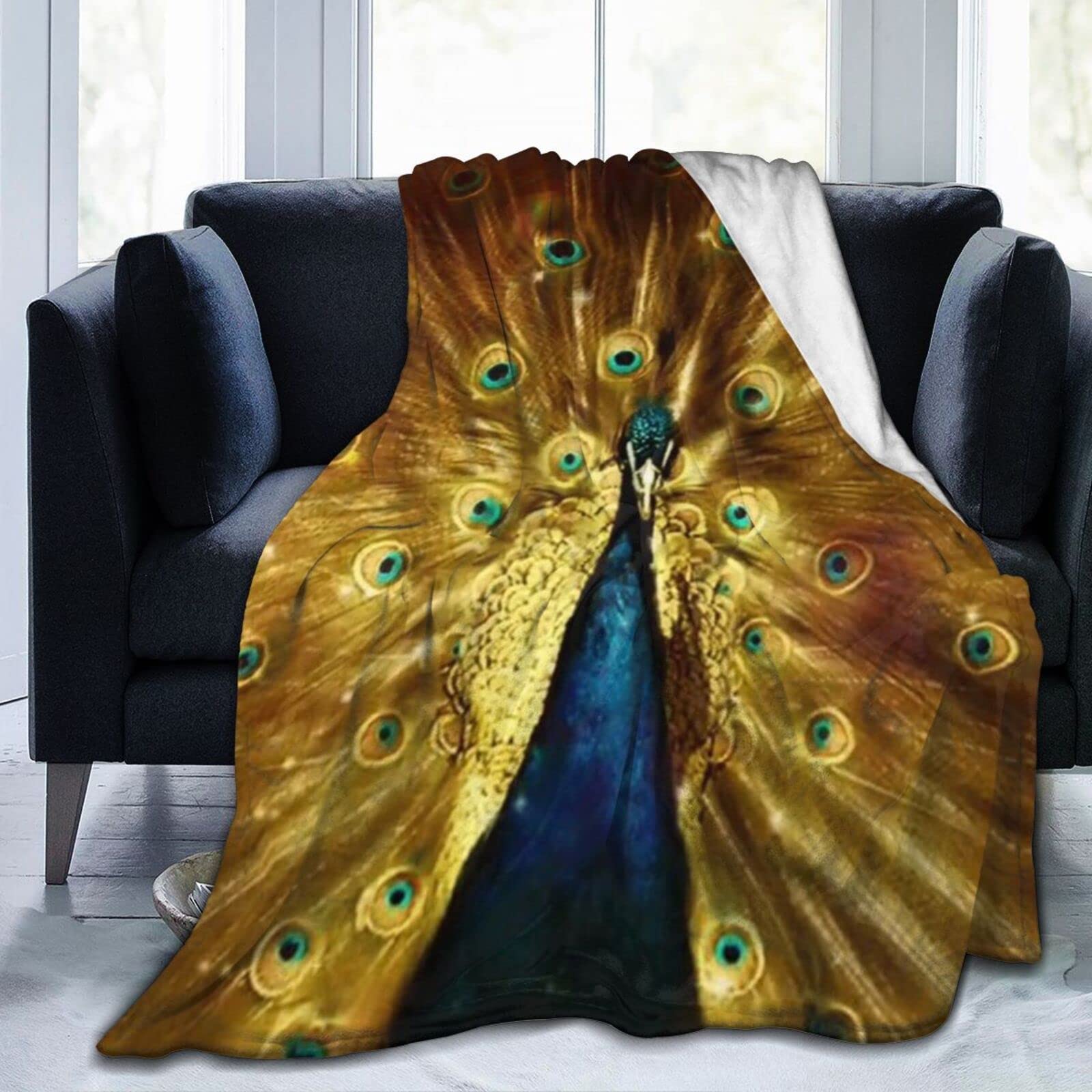 Soft Peacock Print Flannel Blanket - 60