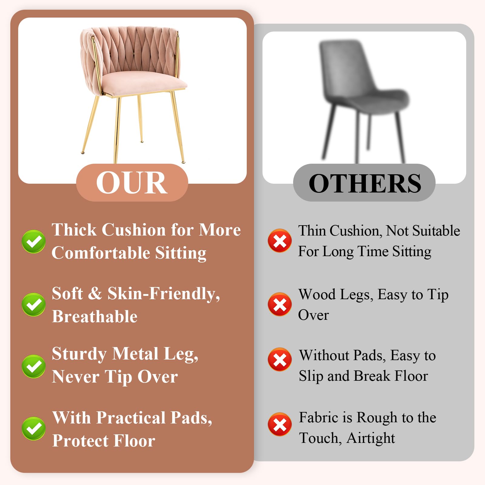 NIOIIKIT Modern Velvet Dining Chairs Set of 2 - Handwoven Upholstered Accent Chairs with Golden Metal Legs for Living Room, Dining Room, Kitchen & Vanity (Pink) - Perfect for Home Decor, Entertaining & Small Space Seating