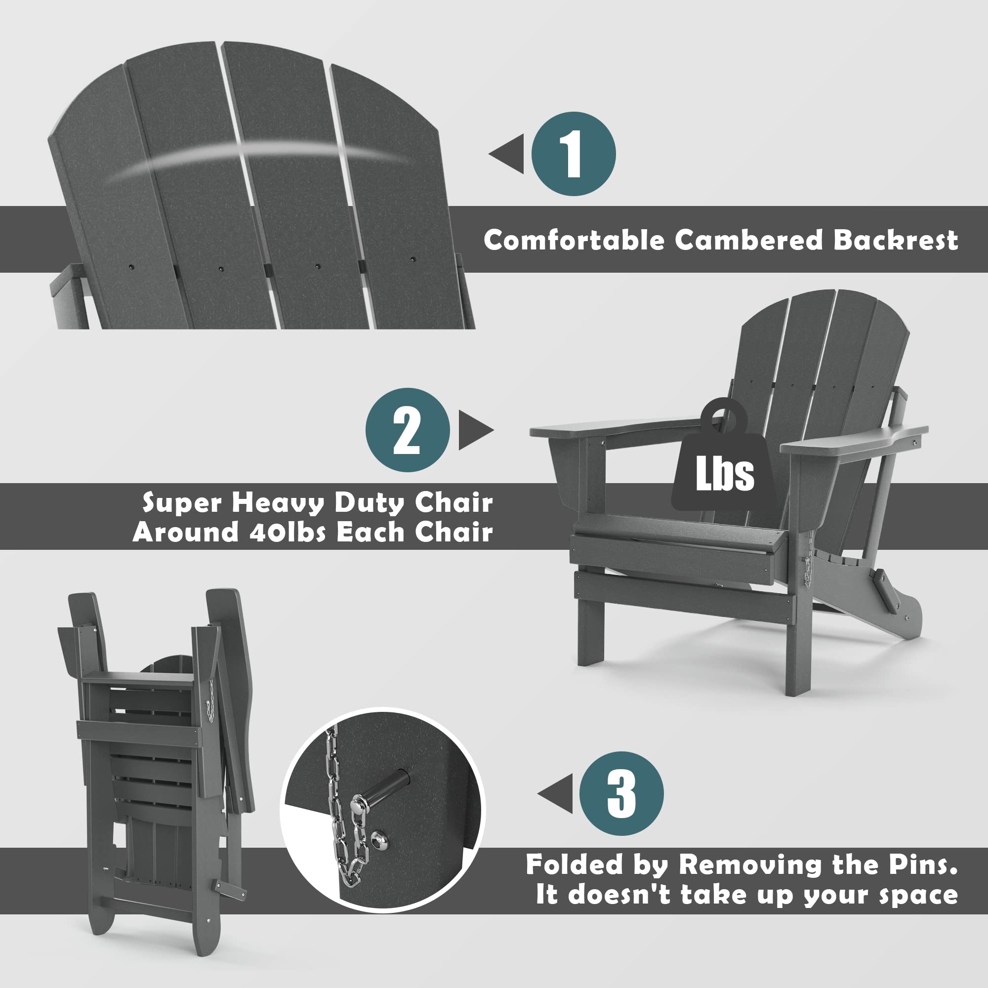 TORVA Folding Adirondack Chair - All-Weather HDPE Resin Outdoor Patio Chair for Backyard, Garden, Deck, Beach & Camping - Fire Pit & BBQ Companion (Gray) - Perfect for Relaxing, Sunbathing & Outdoor Gatherings
