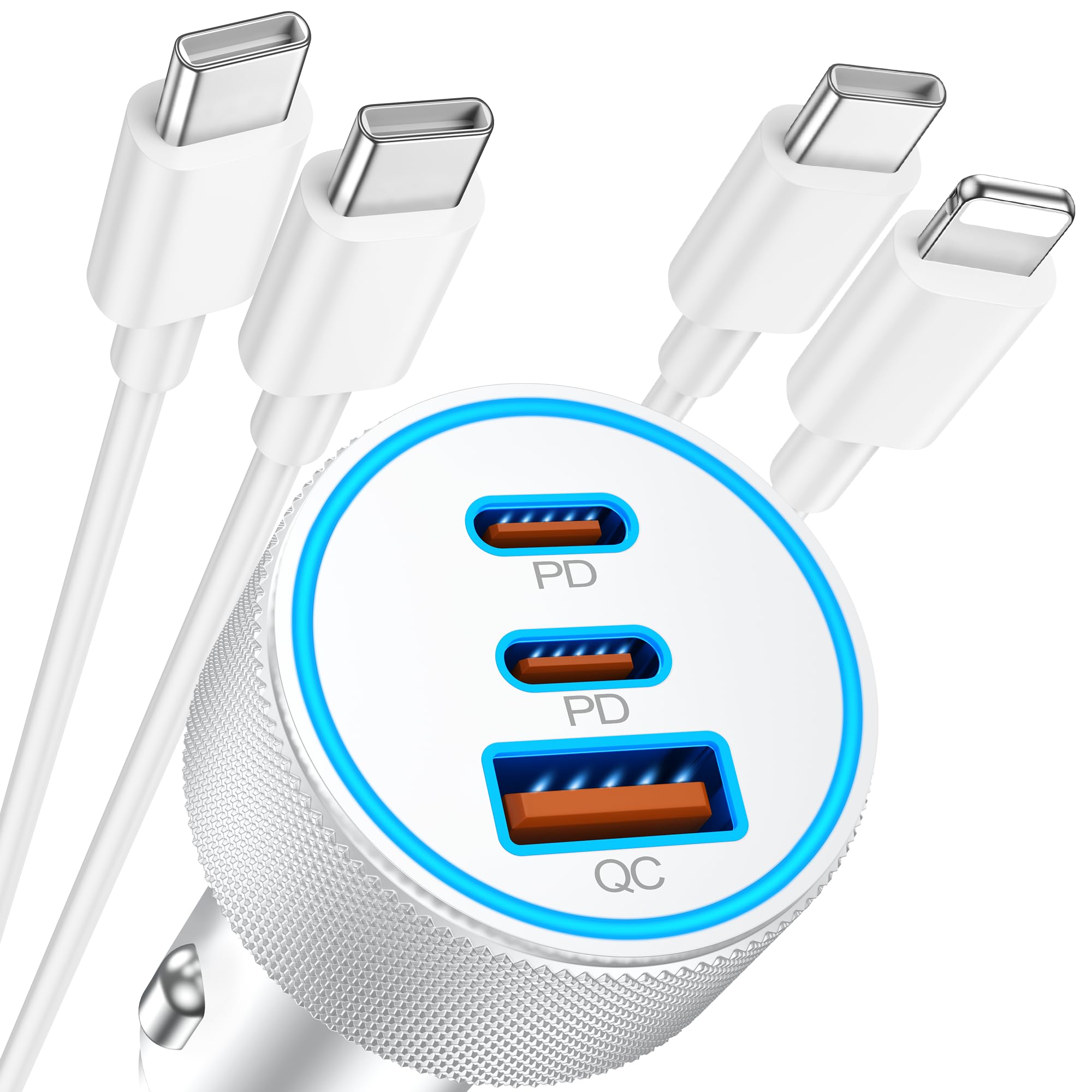 3-in-1 67W Fast Car Charger for iPhone - Dual USB C & USB A Ports with 2Pack USB-C & Lightning Cables - Compatible with iPhone 16/16 Pro Max/15/15 Pro/14/13/12 & iPad - Perfect for Road Trips & Daily Commutes