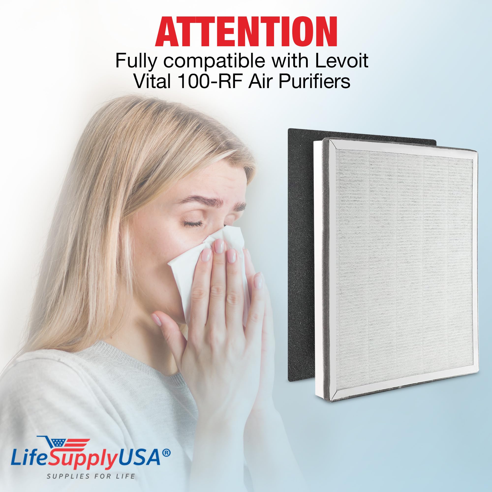 LifeSupplyUSA Replacement HEPA & Carbon Filter for Levoit Vital 100-RF Air Purifier - 2 Pack, Compatible Air Filter Set for Cleaner Air in Bedrooms, Offices & Living Spaces