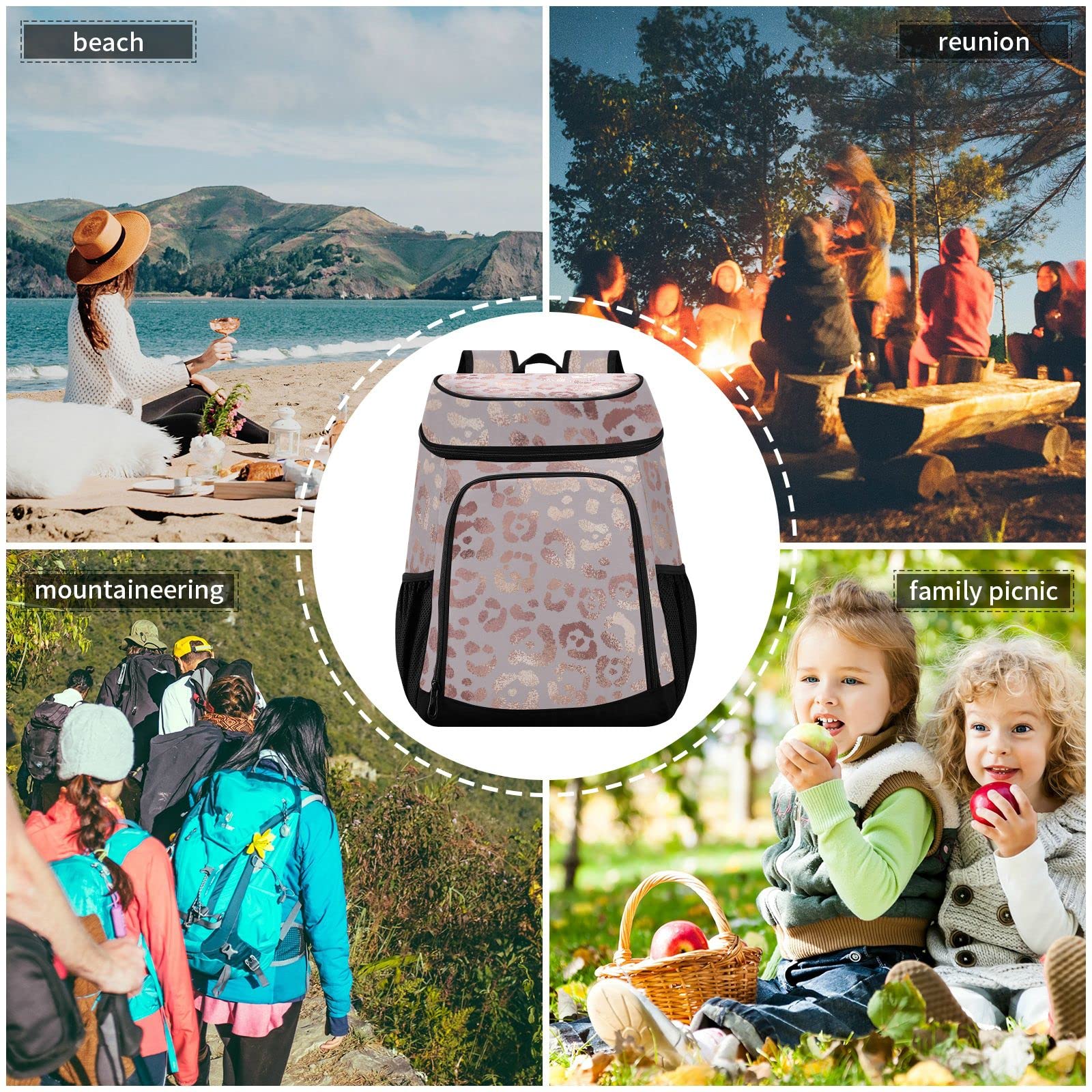 Rose Gold Leopard Insulated Cooler Backpack for Women & Men - Heavy Duty Lunch Box for Work, Hiking, Camping, Picnic, Beach & Outdoor Adventures