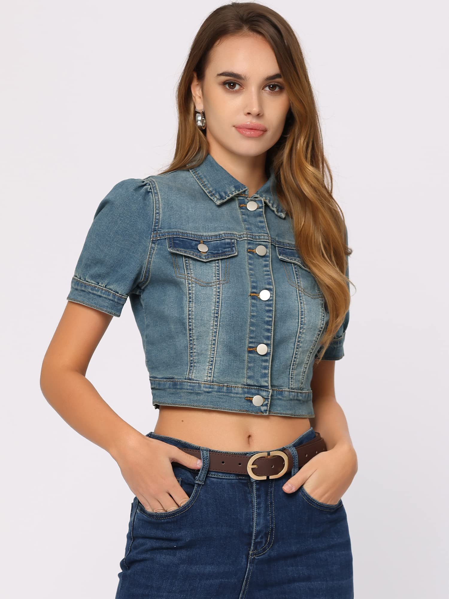Allegra K Women's Short Sleeve Crop Denim Jacket - Casual Distressed Jean Jacket for Spring & Summer Outfits | Perfect for Brunch, Shopping & Weekend Wear