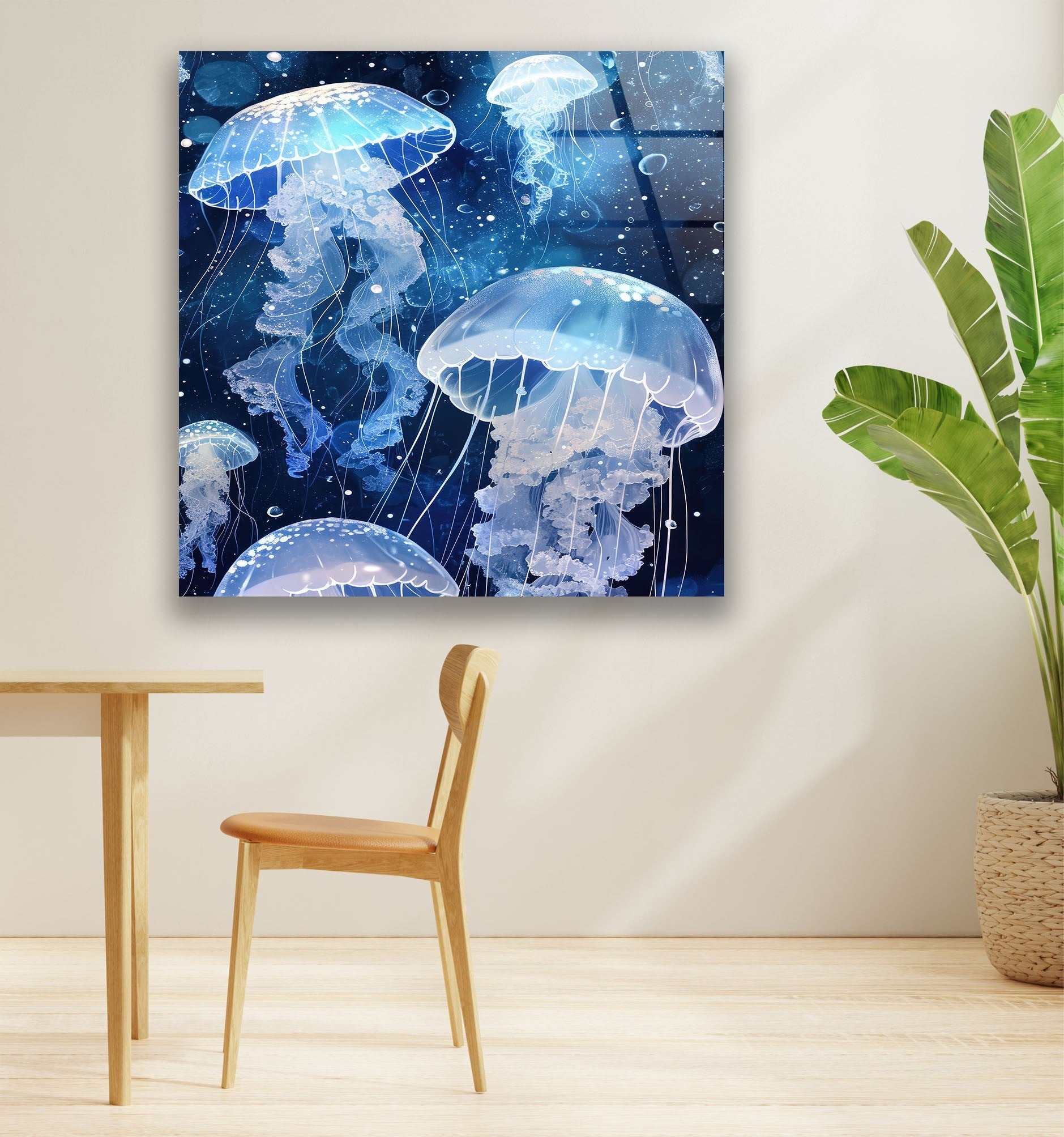 Arctic Jellyfish Glass Wall Art - Handmade Ocean-Themed Home Decor for Living Room, Bedroom & Office - Unique Sea Creature Wall Hanging for Coastal & Modern Interior Design