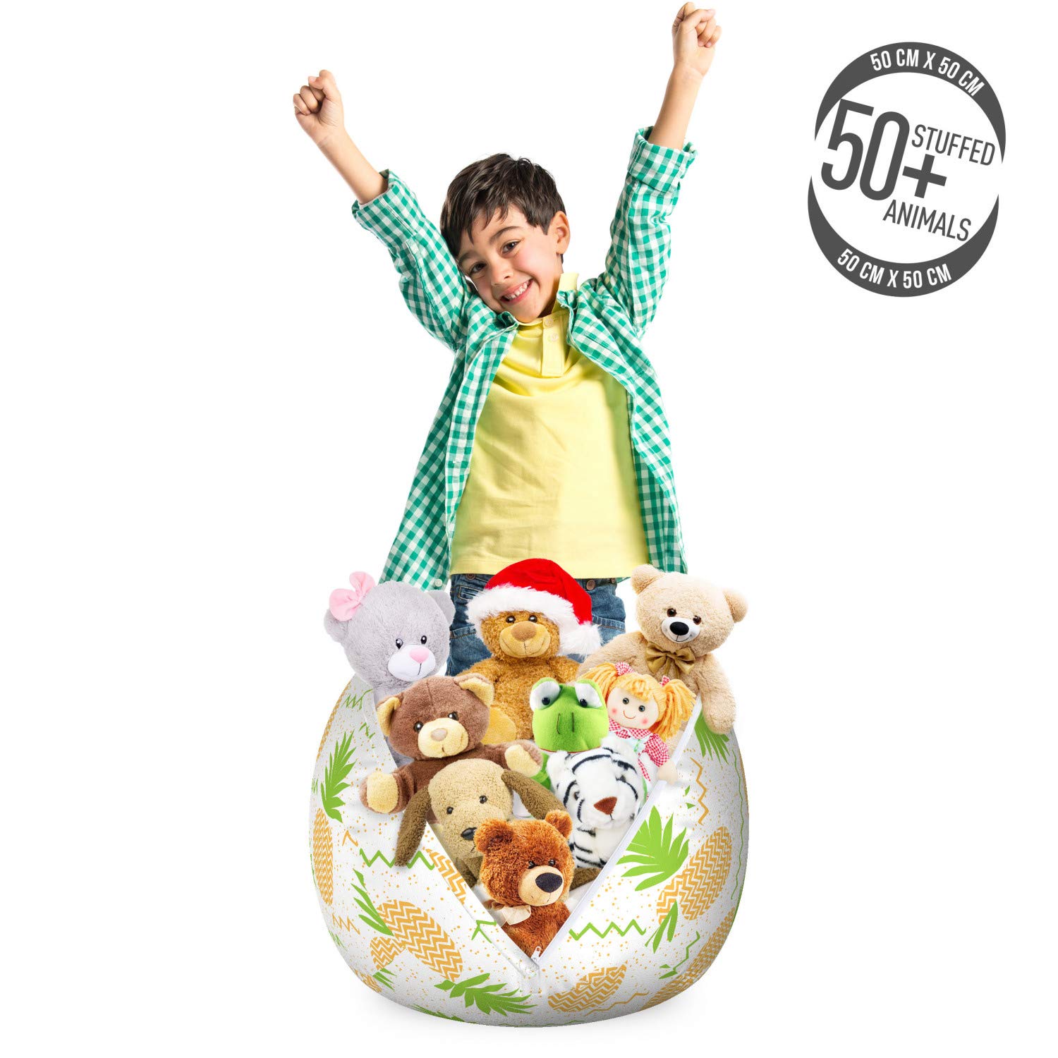 Ambesonne Tropical Toy Storage Bag Chair - Herringbone Stripes with Dots Design, Summer Fruit Pattern Stuffed Animal Organizer - Washable Small Size in Fern Green & Orange - Perfect for Kids' Room, Playroom & Nursery Organization