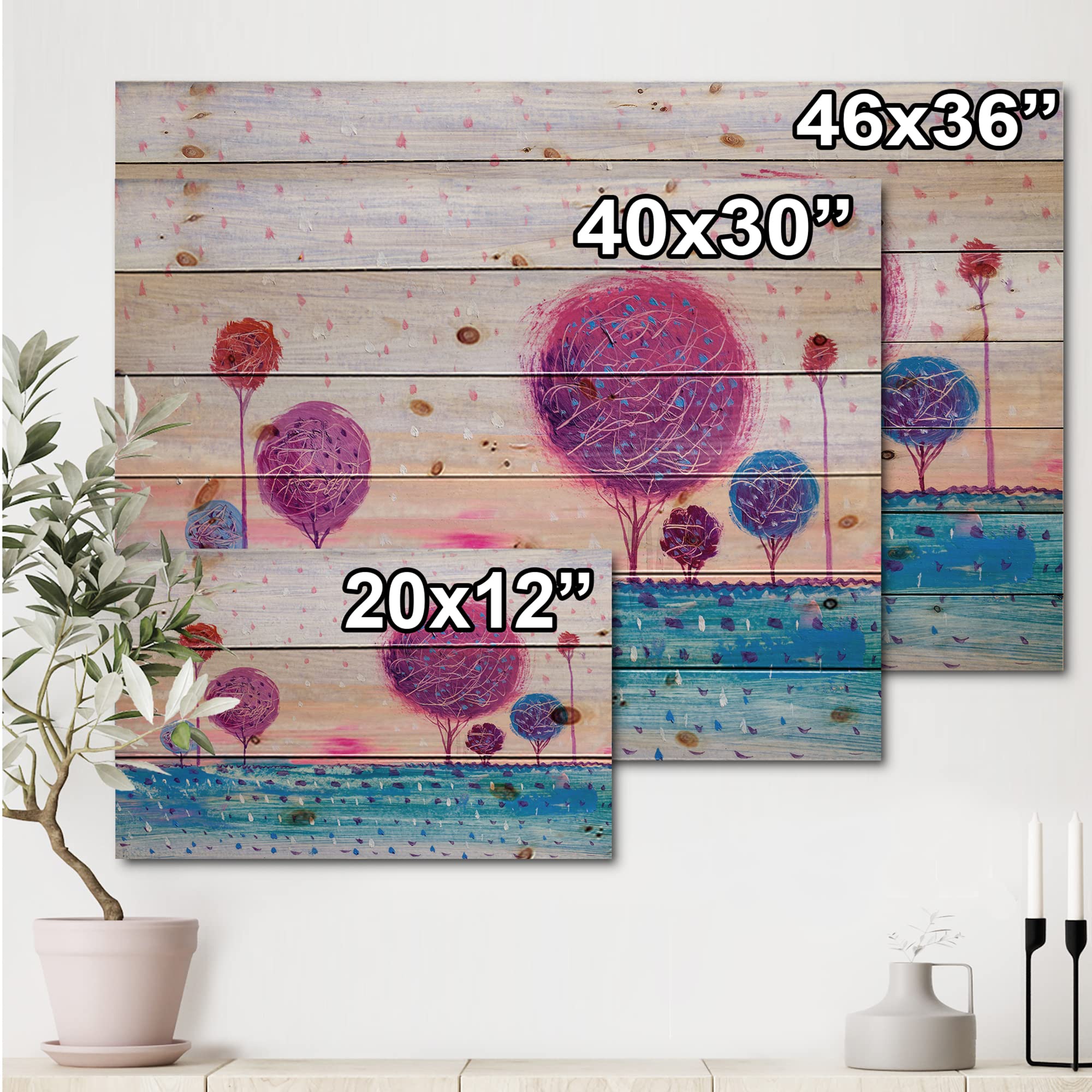DesignQ Purple Tree Impression II Modern Wood Wall Art - Contemporary Pine Wood Decor, Large Landscape Wood Panels for Living Room & Bedroom
