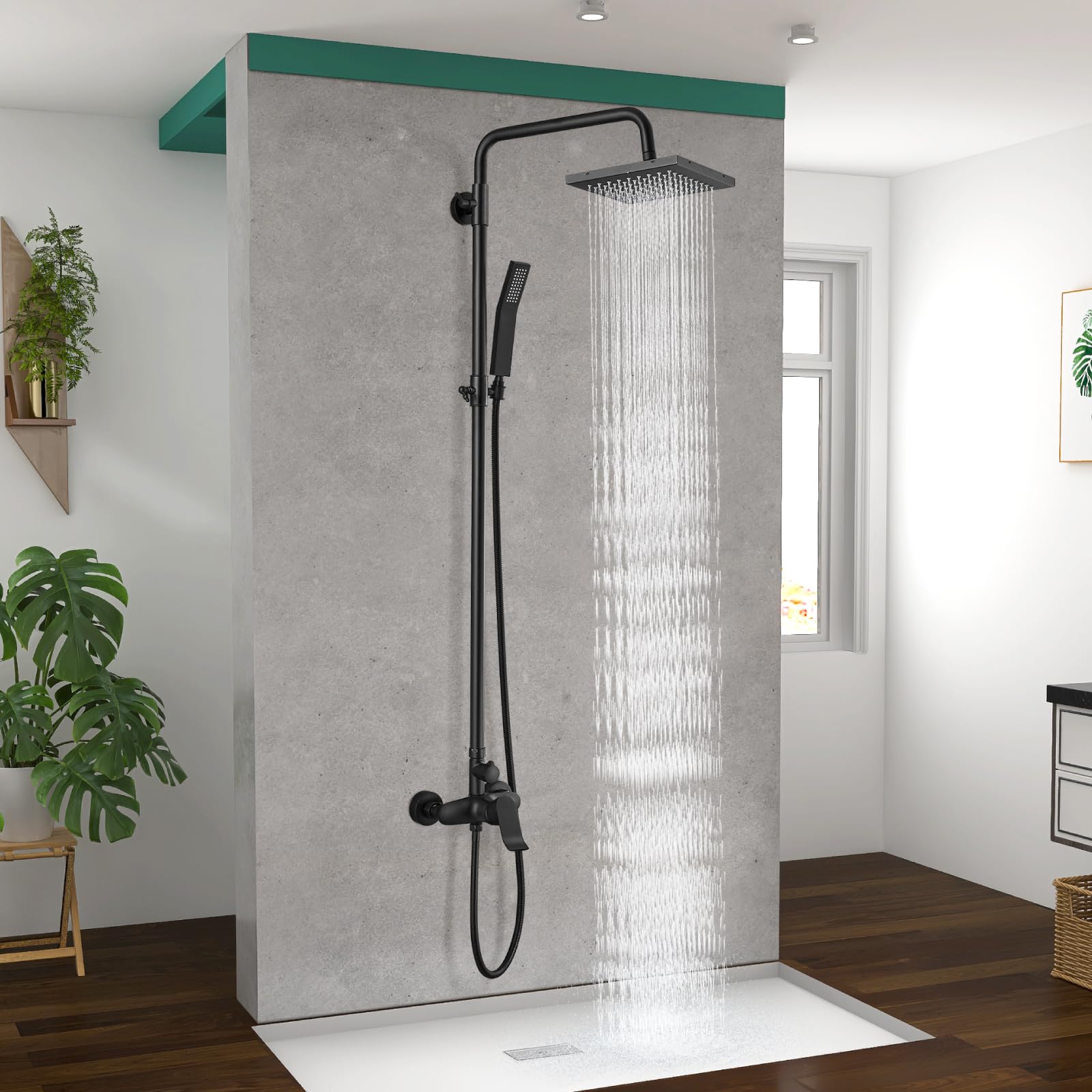 Matte Black Exposed Shower System - 8 Inch Square Rainfall Shower Head with Adjustable Handheld Sprayer - Dual Function Wall Mount Bathroom Faucet Set for Modern Home & Spa Experience