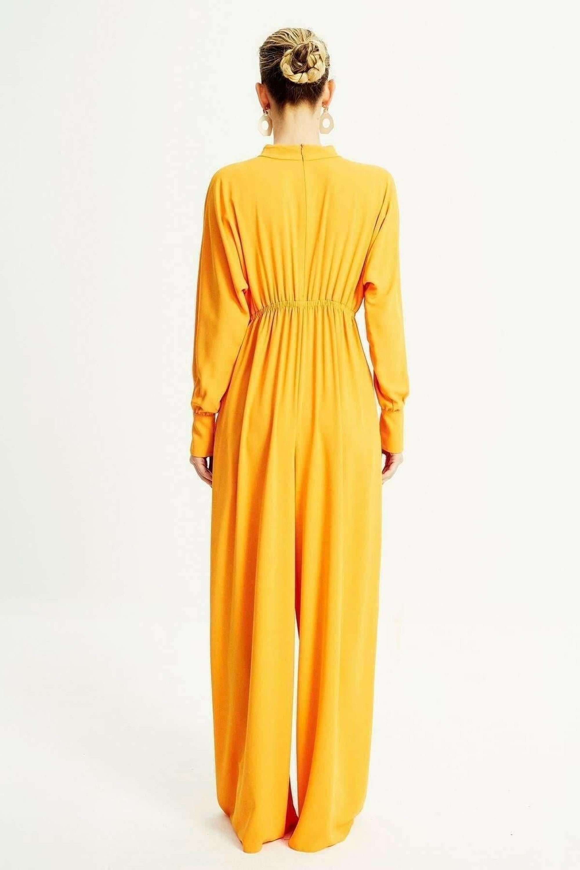 Elegant Draped Gathered High Waist Jumpsuit in Orange - Modest Women's Romper for Casual Wear, Parties & Special Occasions