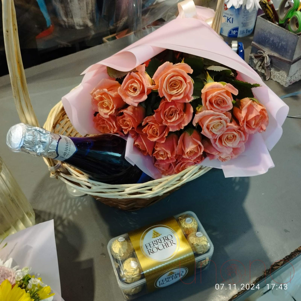 Romantic Trio Gift Basket for Couples - Valentine's Day, Anniversary & Wedding Presents - Luxury Chocolate, Wine & Roses Gift Set for Her/Him