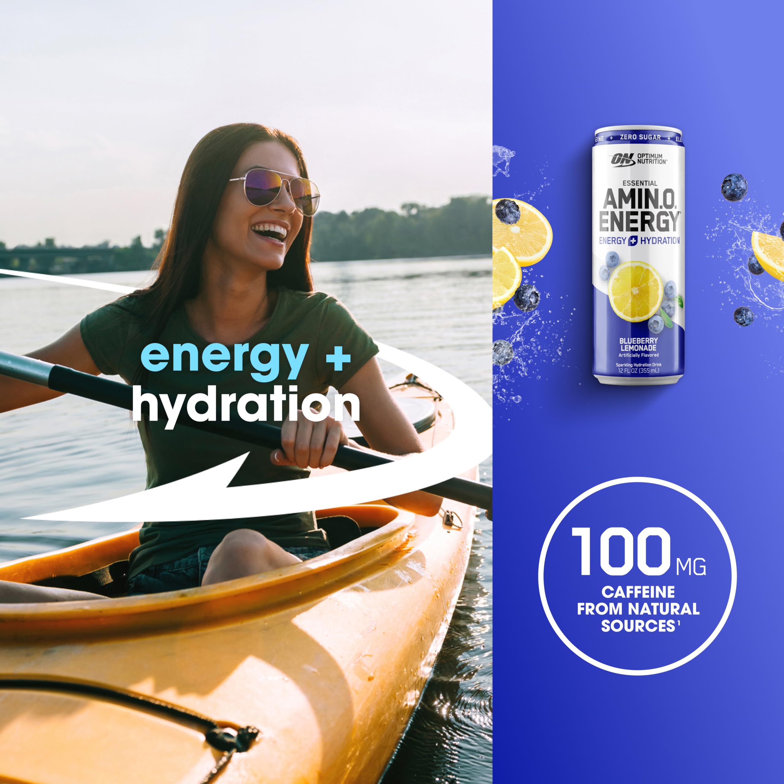 Optimum Nutrition Amino Energy Sparkling Hydration Drink with Electrolytes, Caffeine & BCAAs - Sugar Free Blueberry Lemonade Flavor, 12 Fl Oz (12 Pack) - Perfect for Workouts, Post-Exercise Recovery & Daily Hydration