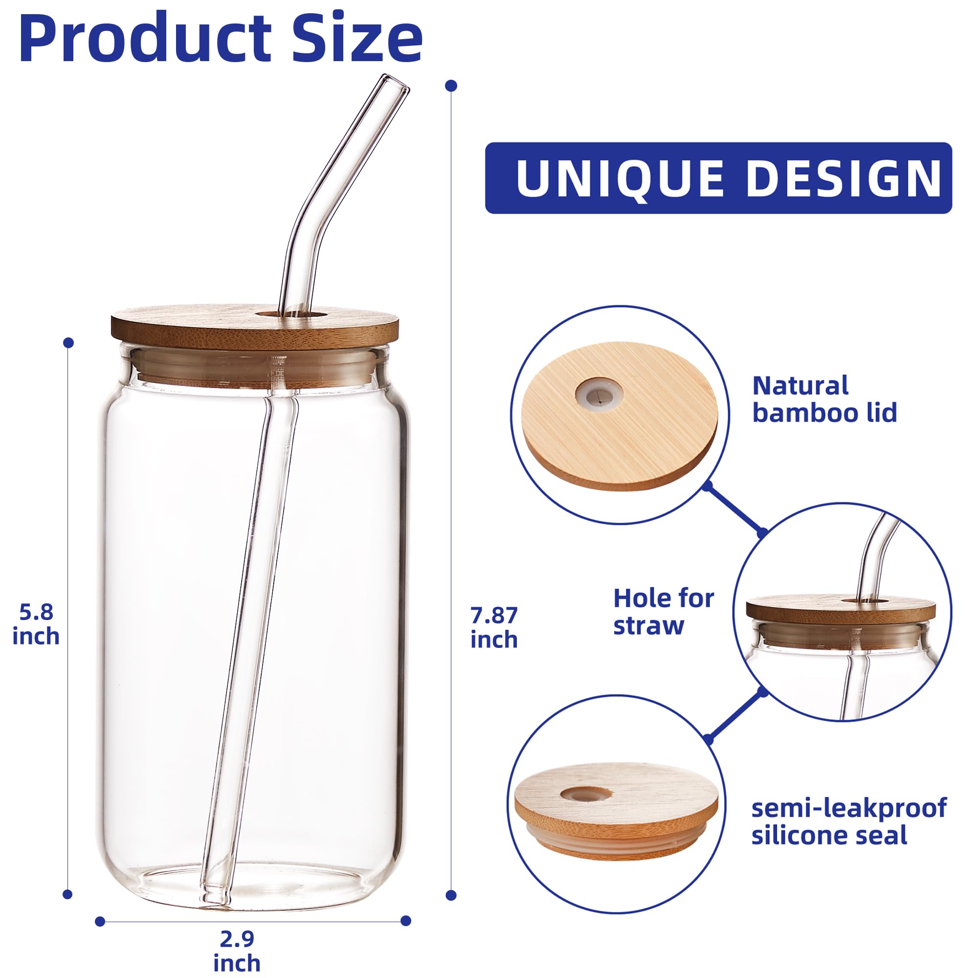 6-Piece Set of 16oz Beer Can Shaped Glass Cups with Bamboo Lids & Glass Straws - Cute Tumbler for Soda, Cocktails, Iced Coffee - Includes 6 Cleaning Brushes - Perfect for Home, Office, Parties & Outdoor Gatherings