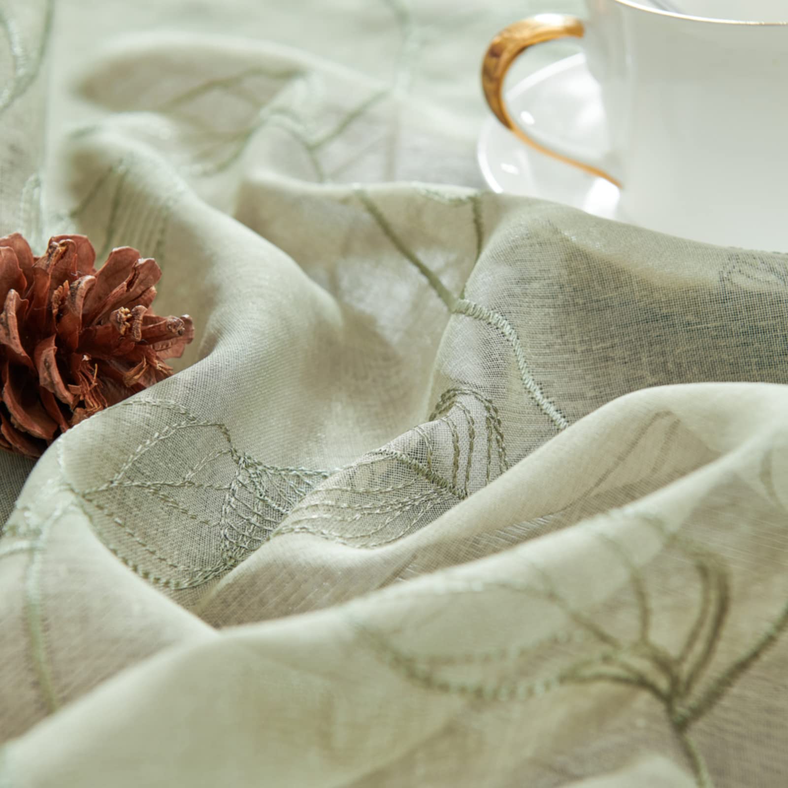 Sage Green Sheer Kitchen Curtains - Leaf Embroidered Voile Tiered Window Panels for RV, Camper, Farmhouse, Bathroom & Basement (36 Inch, Rod Pocket, 2 Panels) | Perfect for Small Windows, Cafe Style & Semi-Privacy Decor