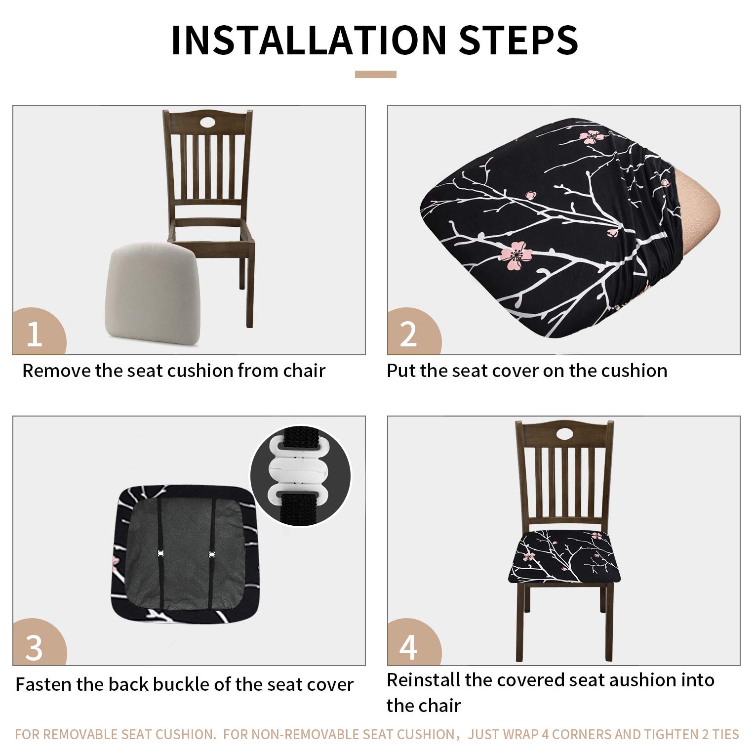 Stretch Printed Chair Seat Covers with Elastic Ties & Buttons - Washable Removable Dining Chair Protector Slipcovers for Office, Kitchen, Living Room - Black (Set of 2) - Perfect for Home Decor & Furniture Protection