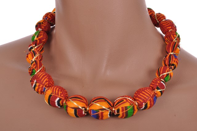 African Kente Print Beaded Necklace DPNL3227 - Handmade Tribal Jewelry for Women, Perfect for Weddings, Parties & Cultural Events