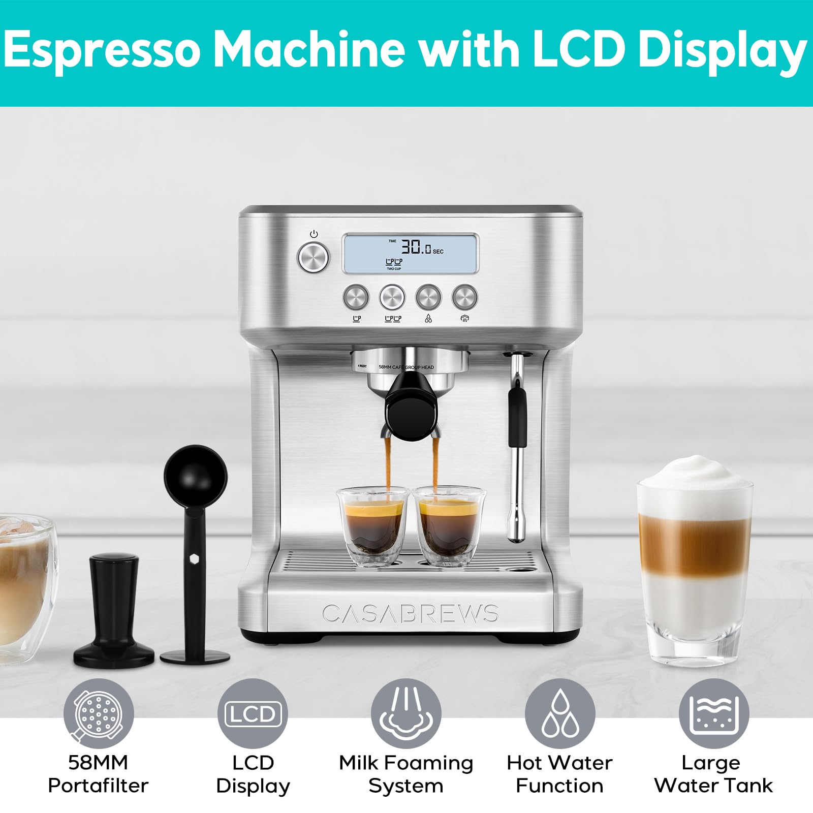 CASABREWS Professional Espresso Machine with LCD Display, 15-Bar Pressure, Milk Frother & Adjustable Temperature - Perfect for Lattes, Cappuccinos & Home Barista Coffee Making