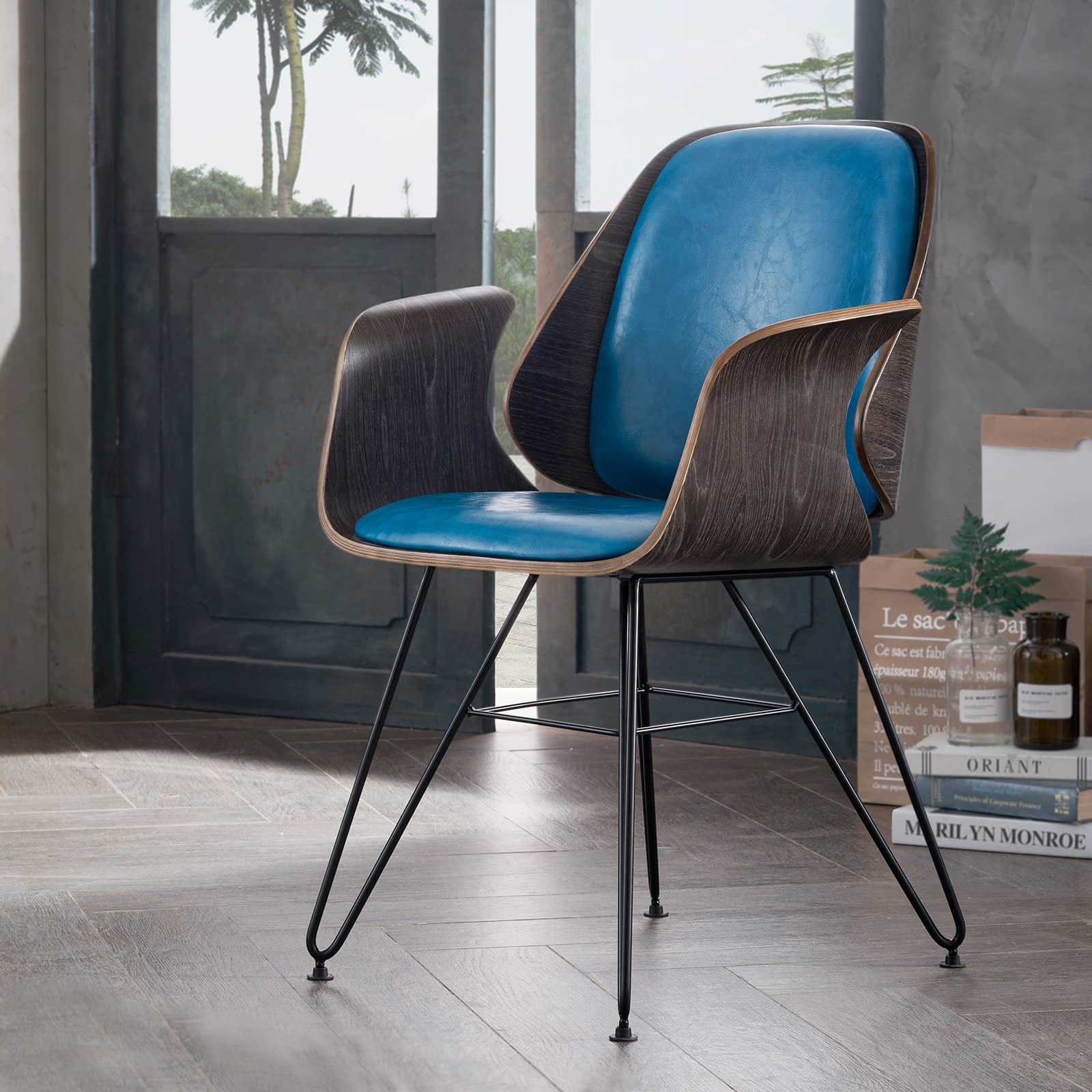CAELUM Mid-Century Modern Dining Chair - Walnut Wooden Finish, No Wheels - Stylish Desk & Side Chair for Kitchen, Dining Room, Living Room, Bedroom & Restaurant - Perfect for Home Decor & Small Spaces (1, Blue)