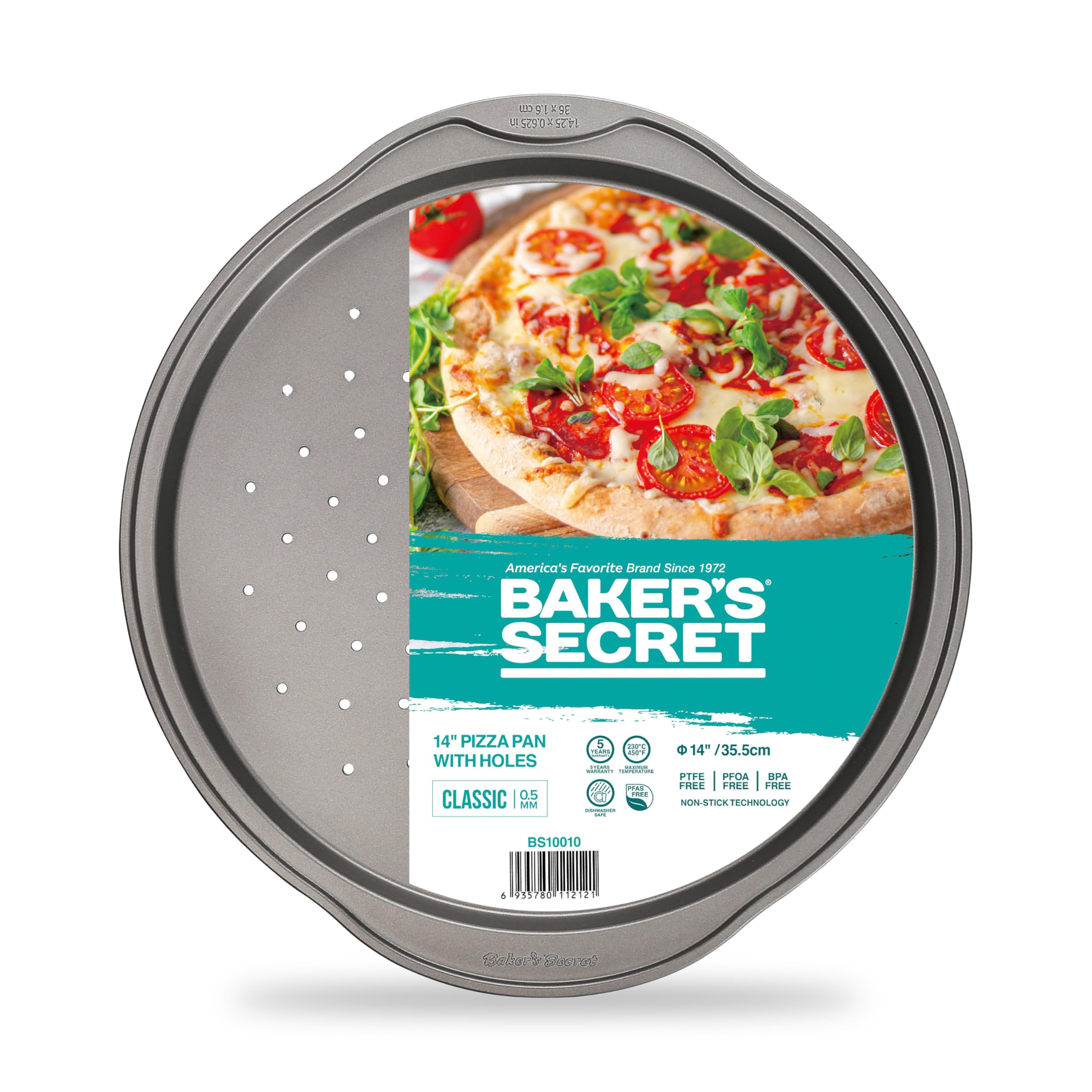 Baker's Secret 14-Inch Non-Stick Pizza Pan for Oven - Carbon Steel Baking Pan with Food-Grade Coating, Dishwasher Safe & Easy Release - Perfect for Homemade Pizza, Bread, Cookies & More | Classic Collection