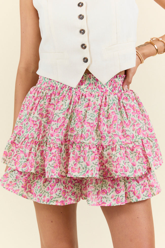 Pretty Moment Pink Multi Floral Tiered Skort - Women's Floral Print Skirt Shorts Hybrid for Summer, Beach, and Casual Outings