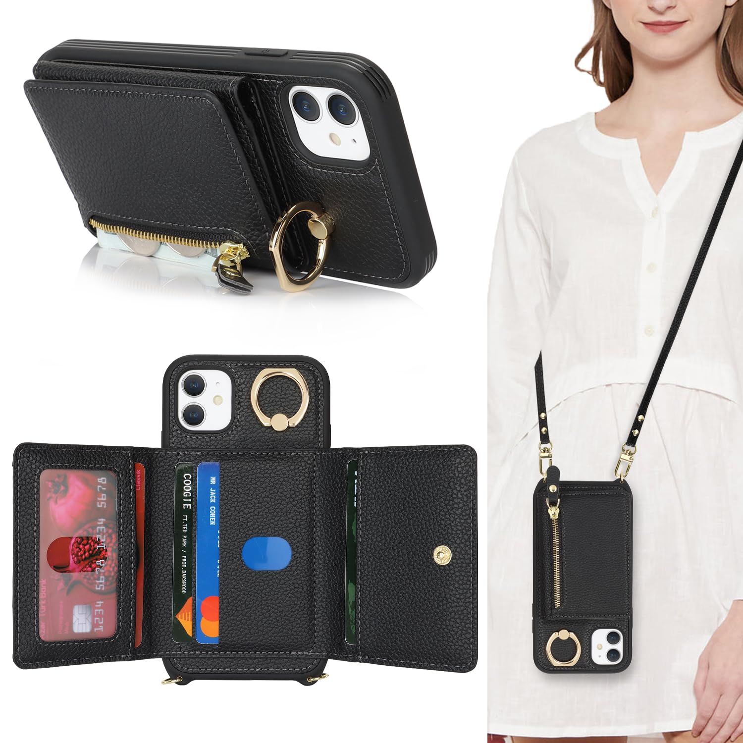 Premium Leather iPhone 11 Case with Card Holder & Crossbody Strap - Wallet Phone Case with Zipper Pocket, Stand Ring & Lanyard for Women (Black) | Perfect for Travel, Shopping & Everyday Protection