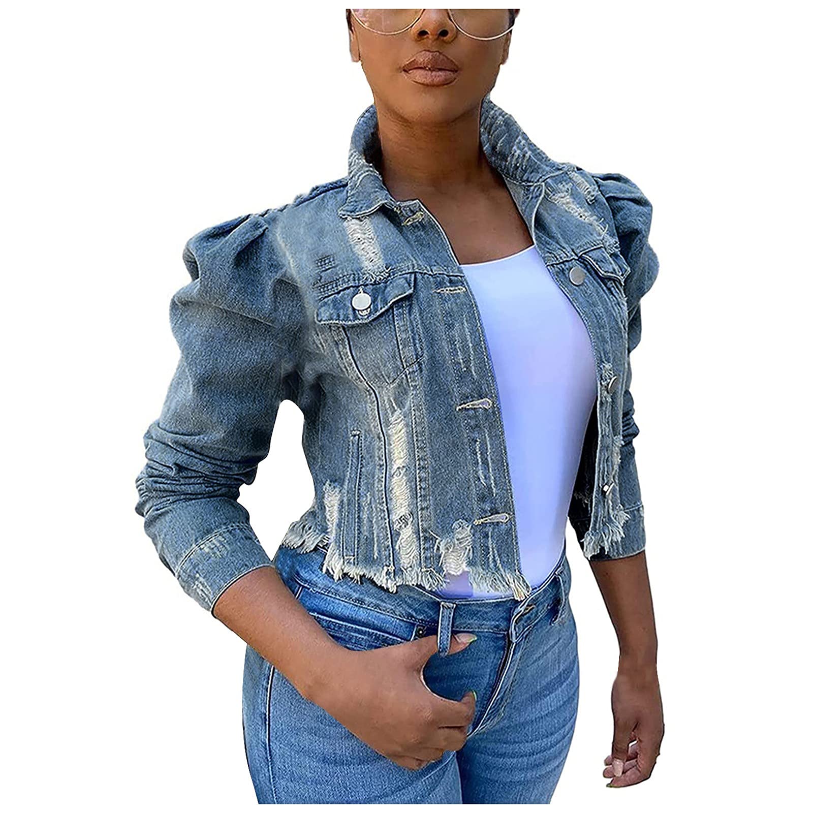 Women's Ripped Denim Jacket with Puff Sleeves & Frayed Hem - Slim Fit Cropped Jean Jacket for Casual Outfits & Streetwear Fashion