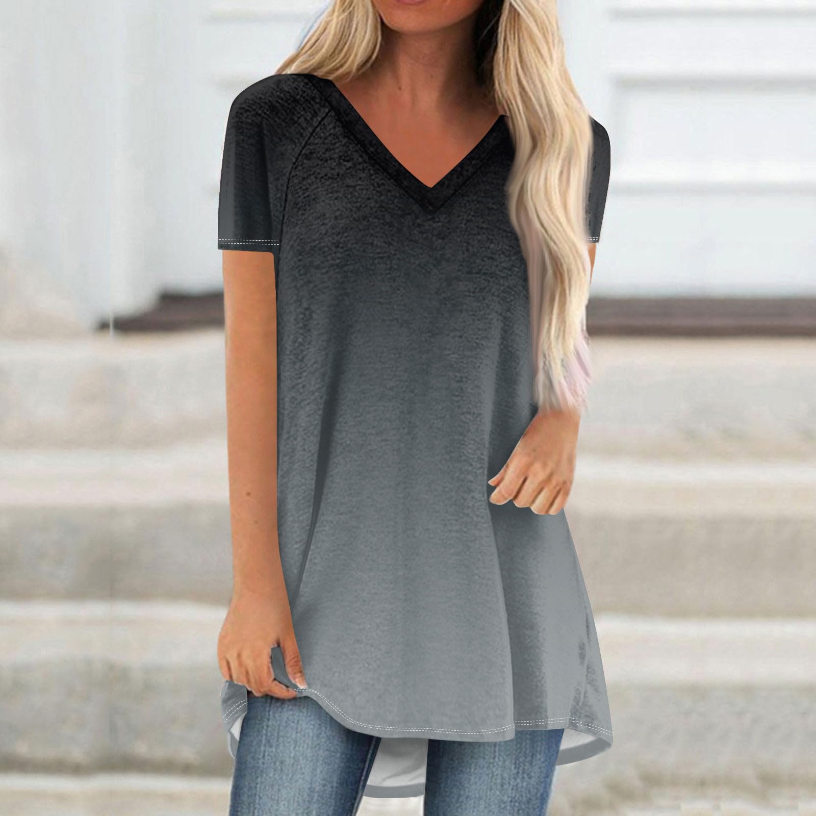 YUTANRAL Women's Oversized V-Neck Short Sleeve T-Shirts - Summer 2024 Fashion Casual Loose Fit Plus Size Basic Tees for Everyday Wear, Beach Outings & Lounge Comfort