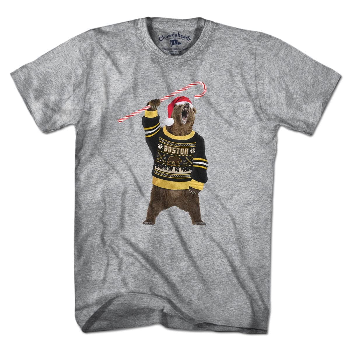 Chowdaheadz Boston Holiday Sweater Bear Graphic T-Shirt - Unisex Vintage Soft Cotton Blend Tee for Christmas & Winter Festive Outfits