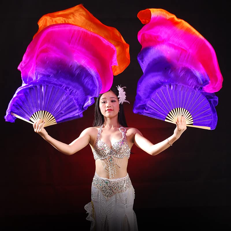 Handmade Silk Belly Dance Fan Veils - Long Bamboo Fans for Women Performers