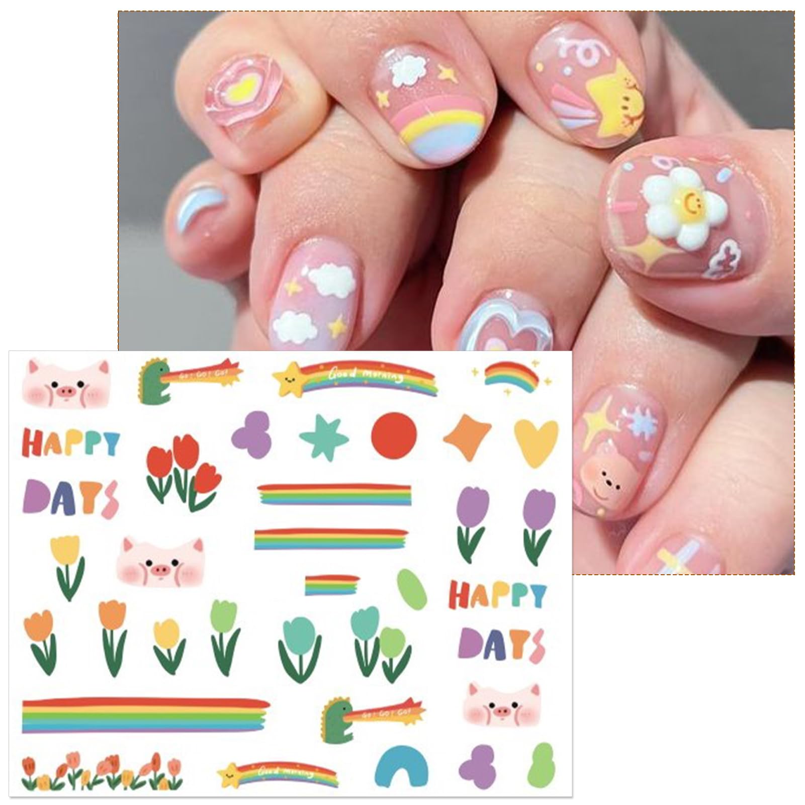 16 Sheets Kids Nail Stickers - Cute 3D Self-Adhesive Nail Art Decals with Flowers, Leaves, Animals & Fruits Designs for Girls & Toddlers | DIY Manicure for Parties, Playdates & Dress-Up Fun