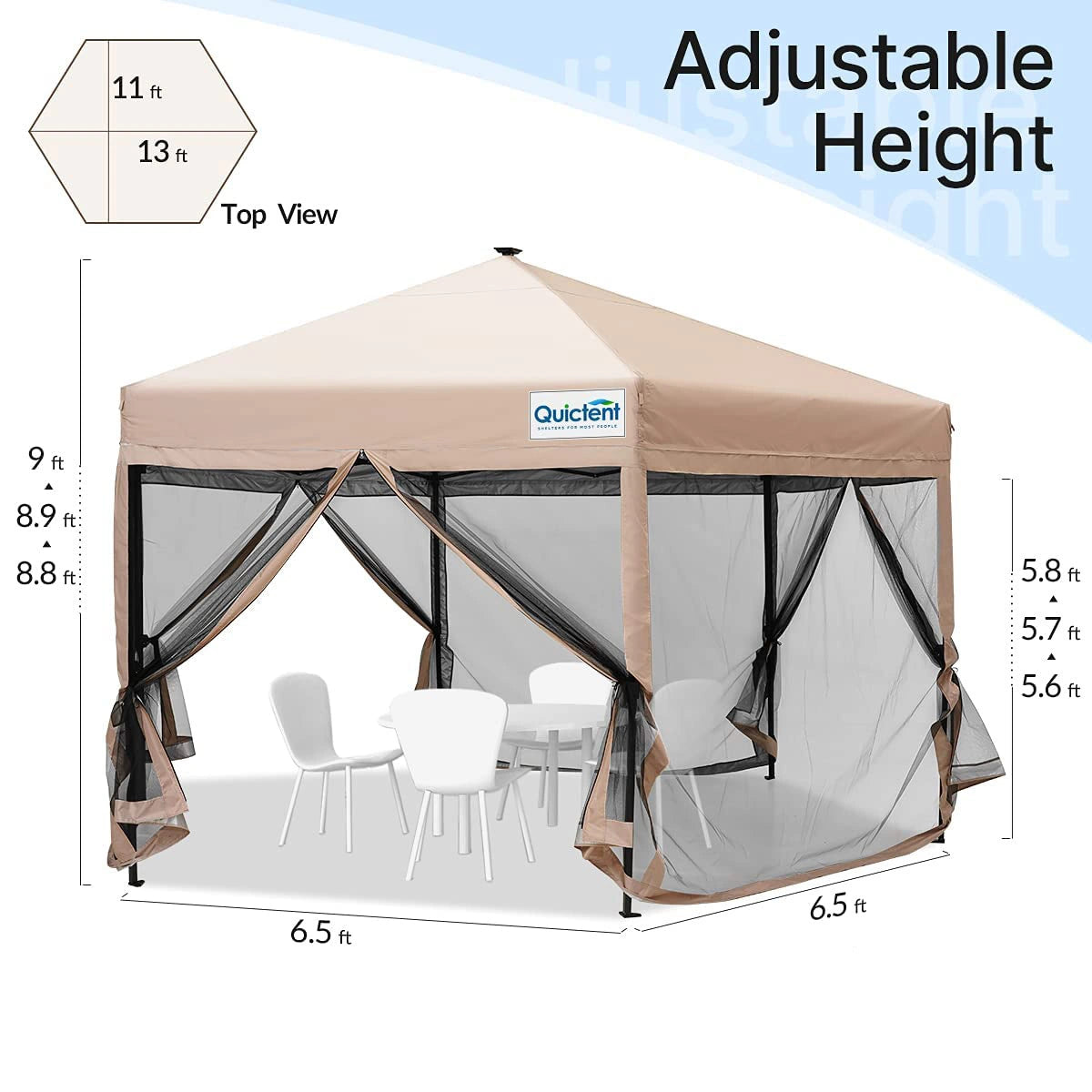 13' x 13' Hexagonal Pop Up Canopy Tent with Mesh Netting & LED Lights for Outdoor Parties, Camping, and Beach Events